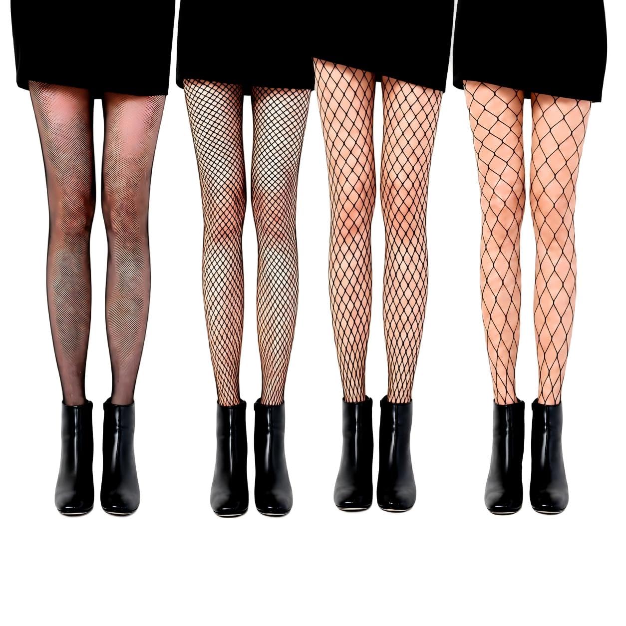 Eowppue Women's Black 4 Pairs Fishnet Tights For Tights Fishnet Stockings, Fishnet Tights Thigh Hight Stockings For Cosplay Halloween 4 Different Mesh Sizes