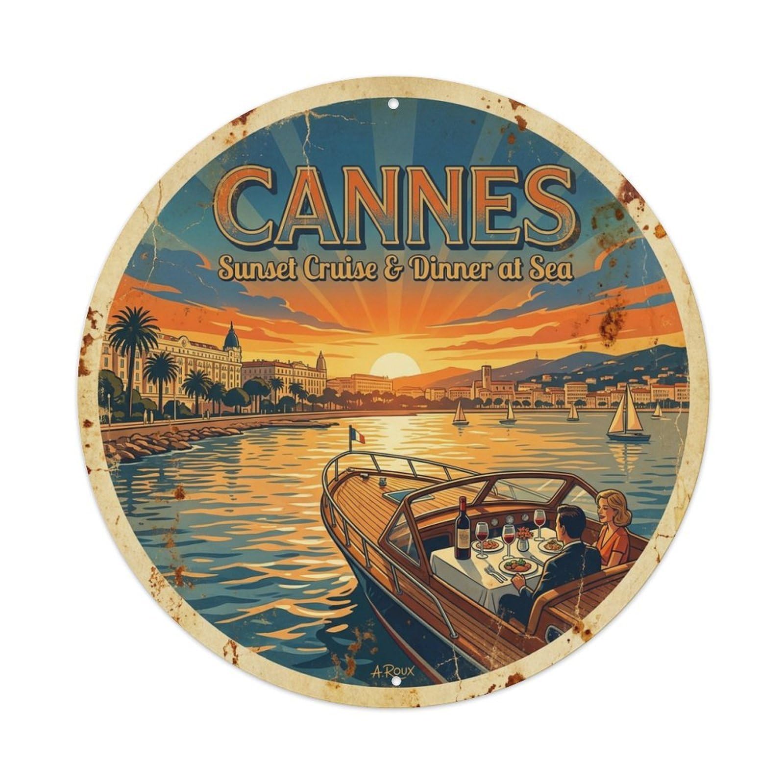 Cannes France Riviera Travel Sunset Cruise Diamond Sea Metal Tin Sign