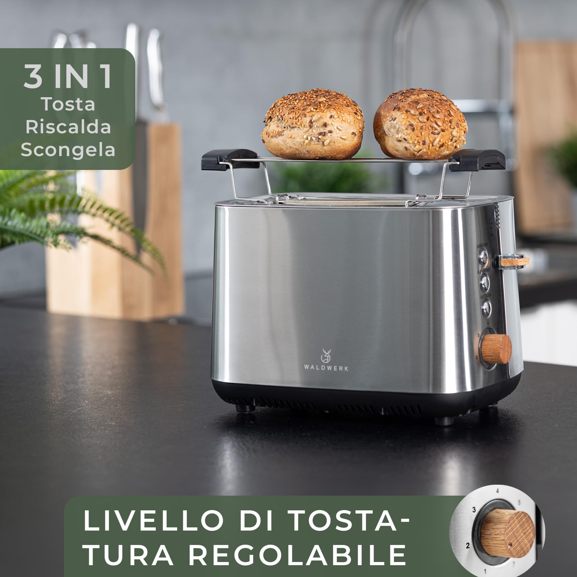 WALDWERK Tostapane di Design – in acciaio inox 304 e legno di quercia – per 2 fette – con supporto per panini – con camere di tostatura extra larghe e profonde – con cassetto raccogli-briciole