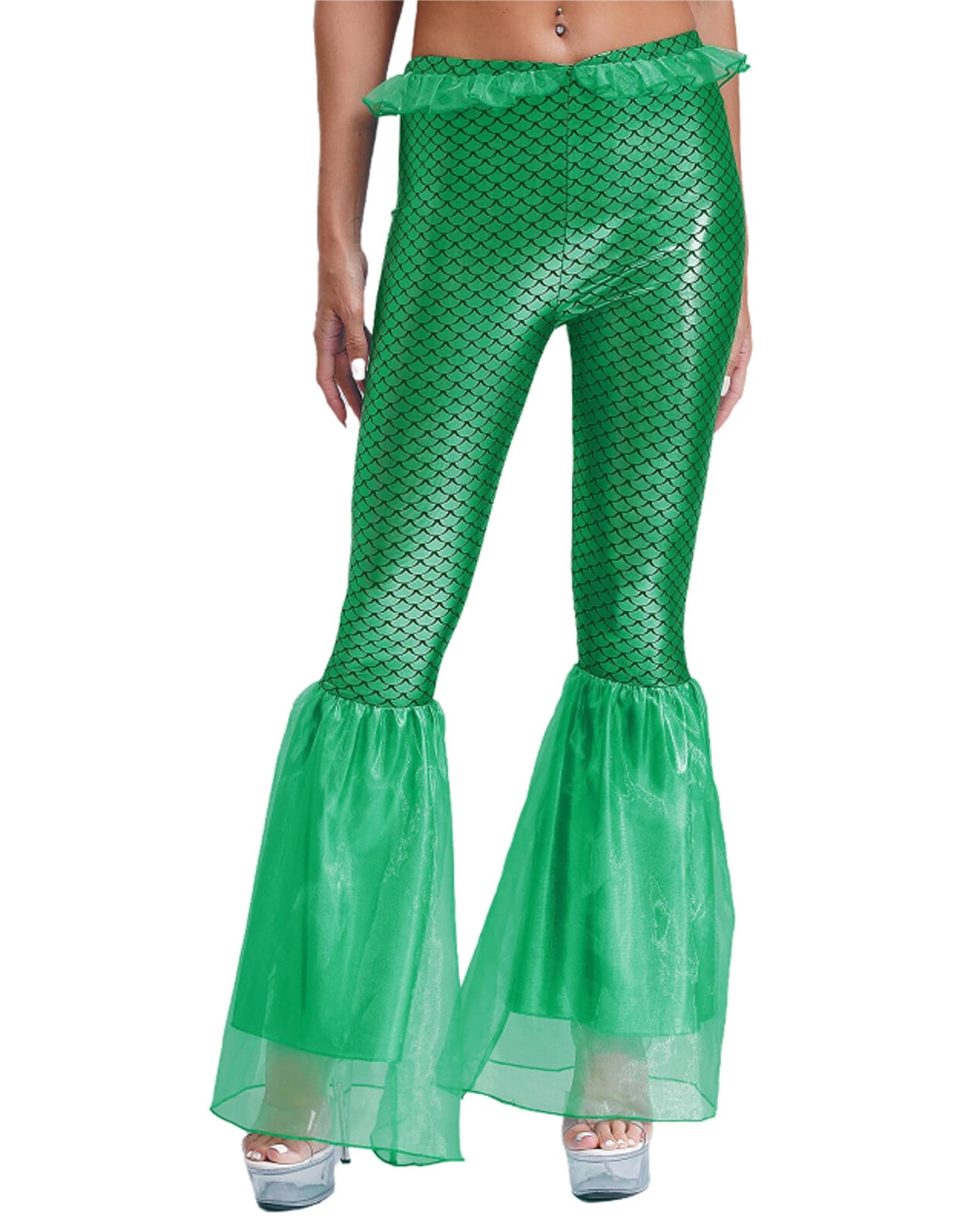 Women Mermaid Leggings Fish Scale Printed Mesh Patchwork Wide Leg Flare Pants Mermaid Tail Costume for Halloween Dance Party (A-Green, XL)