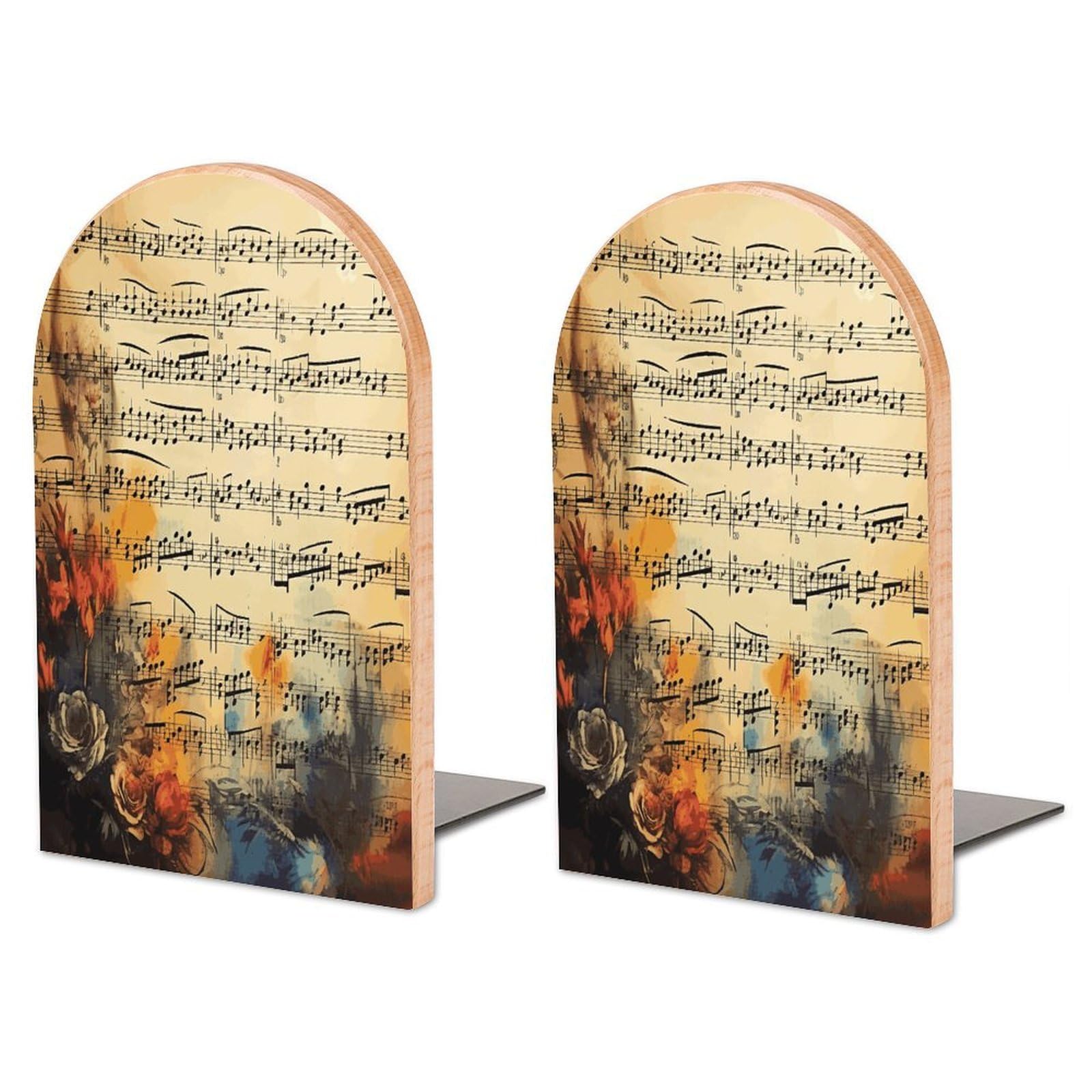 Vintage Music Note Bookend for Shelves Non-Skid Book Holder Modern Heavy Duty Bookend Stopper Metal Base Wood Book End Books Shelf Holder Home Decorative 1pair 6.7x3.9x4.7