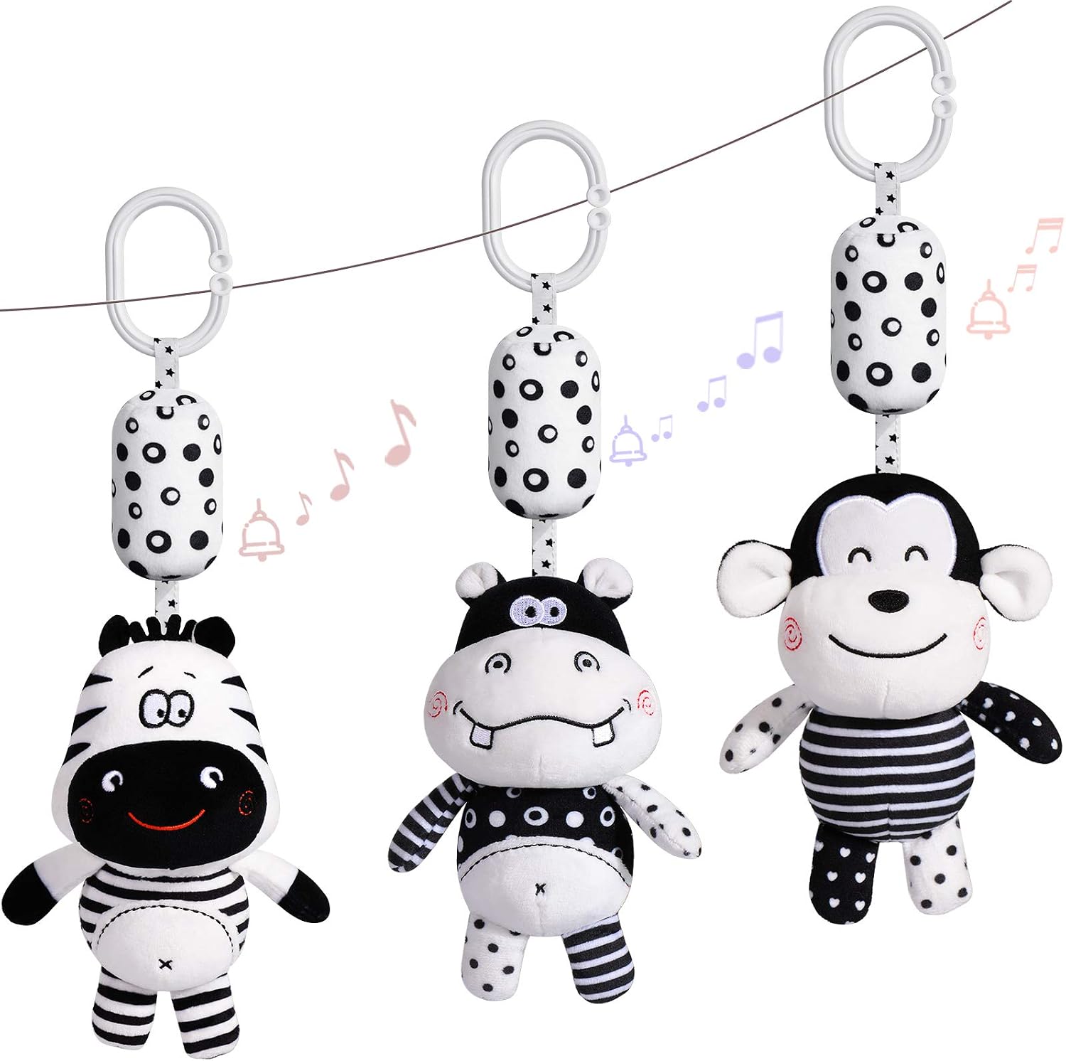 rolimate Baby Toy Cartoon Animal Stuffed Hanging Rattle Toys, Baby Bed Crib Car Seat Travel Stroller Soft Plush Toys with Wind Chimes, Best Birthday Gift for Newborn 0-18 Month (Monkey, Zebra & Hippo)