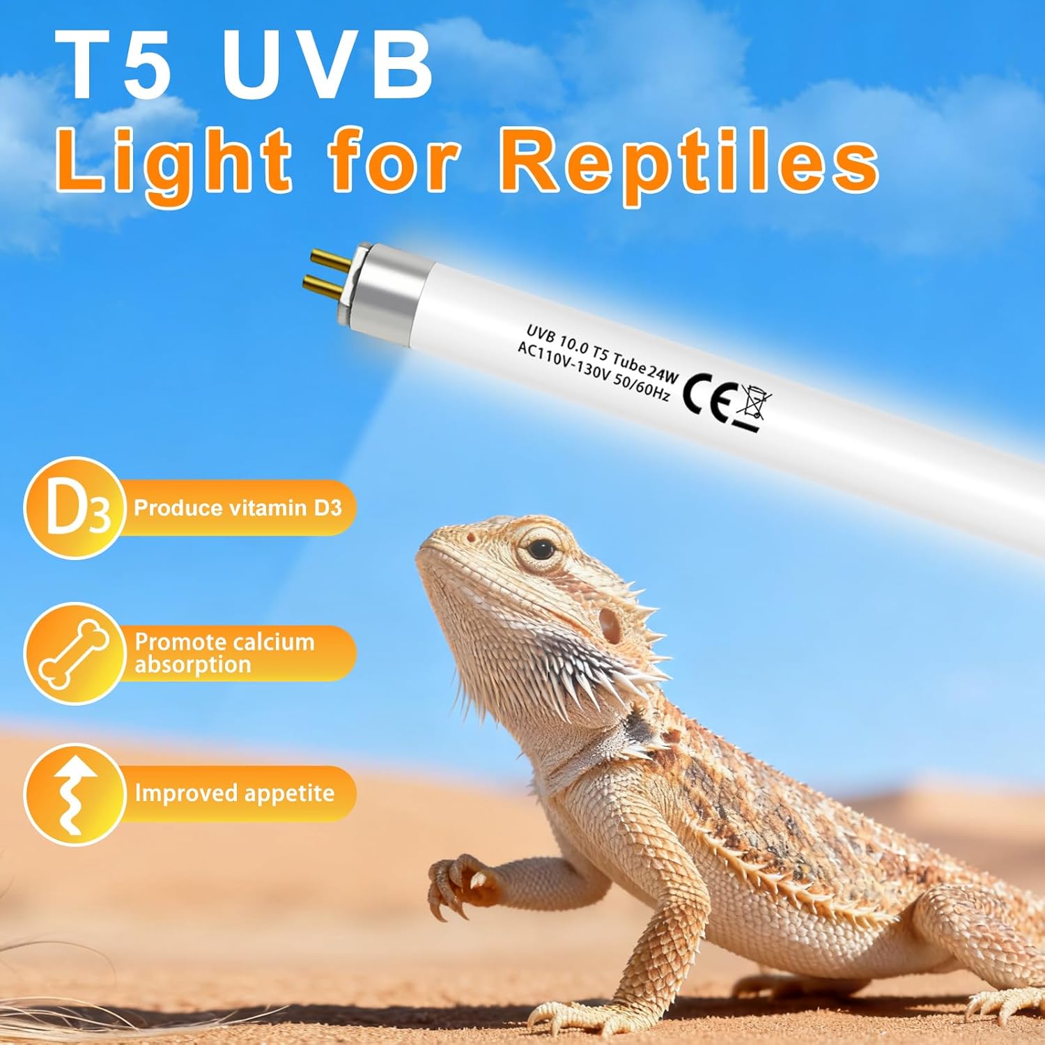 T5 10.0 UVB Light Bulb for Reptiles, 24W HO UVB Reptile Lamp Bulb, 2 Pack 22 Inch UVA UVB Fluorescent Lamp Tube for Bearded Dragon Leopard Gecko Tortoise Lizards