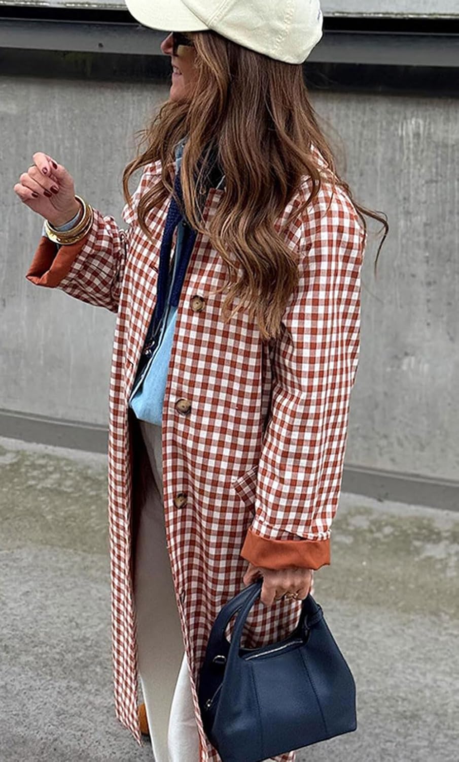 CHARTOU Women Long Plaid Trench Coat Fall Outfits Single Breast Gingham Overcoat