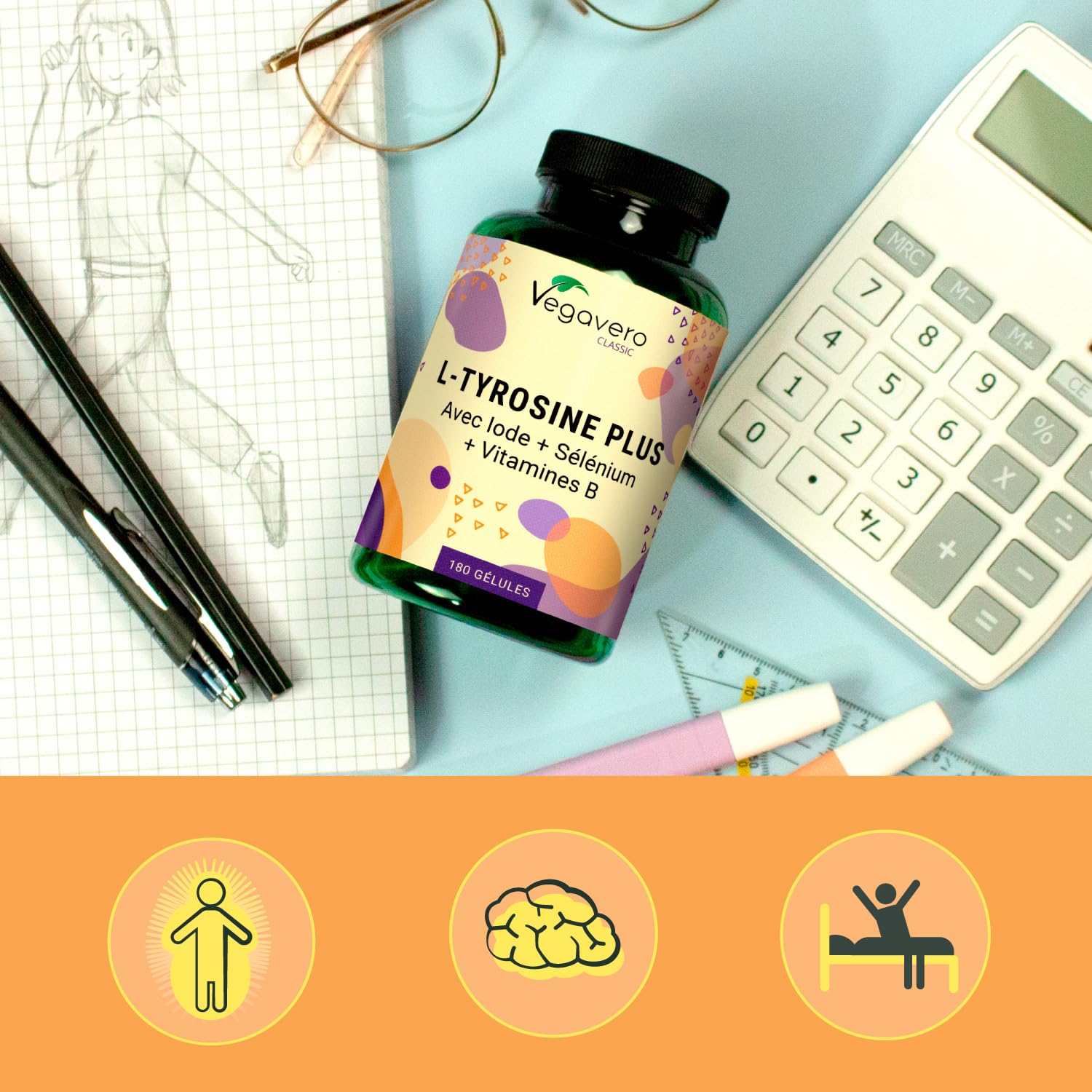 Vegavero L-Tyrosine Plus 1200 mg | THYROIDE* | Avec Iode, Selenium et Vitamine B | Énergie + Fatigue Mentale | 180 Gélules | VEGAN et SANS ADDITIFS