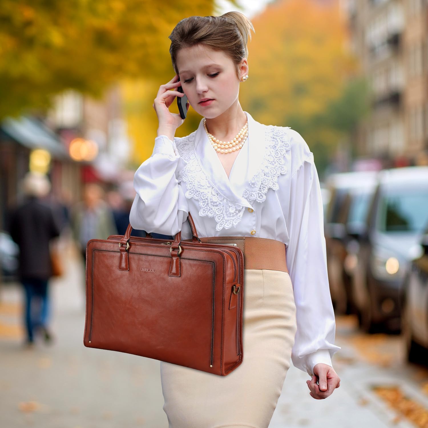 Banuce Vintage Genuine Full Grains Italian Leather Briefcase for Women 14 Inch Laptop Bag Stylish Business Work Bag with Luggage Strap Brown - Image 2