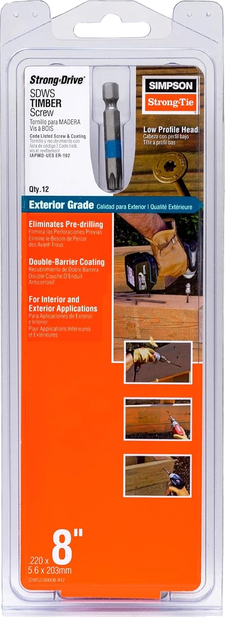 Simpson Strong-Tie SDWS22800DB-R12 Tornillo para madera Strong-Drive® SDWS™ (grado exterior): 0,220 pulg. x 8 pulg. T40, color canela (60 unidades)