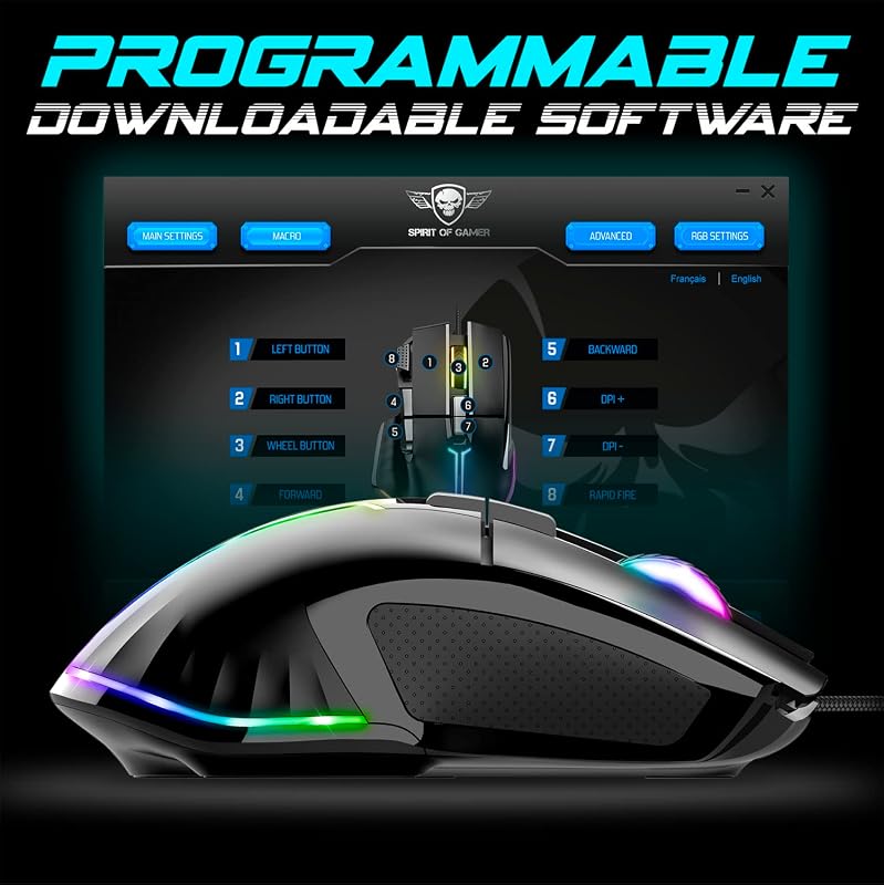 SPIRIT OF GAMER PRO M5 RGB Gamer Egér 12800 DPI, 8 Programozható Gomb, Gyorstüzelés Funkcióval, 13 RGB Háttérvilágítási Effekt, Ergonomikus