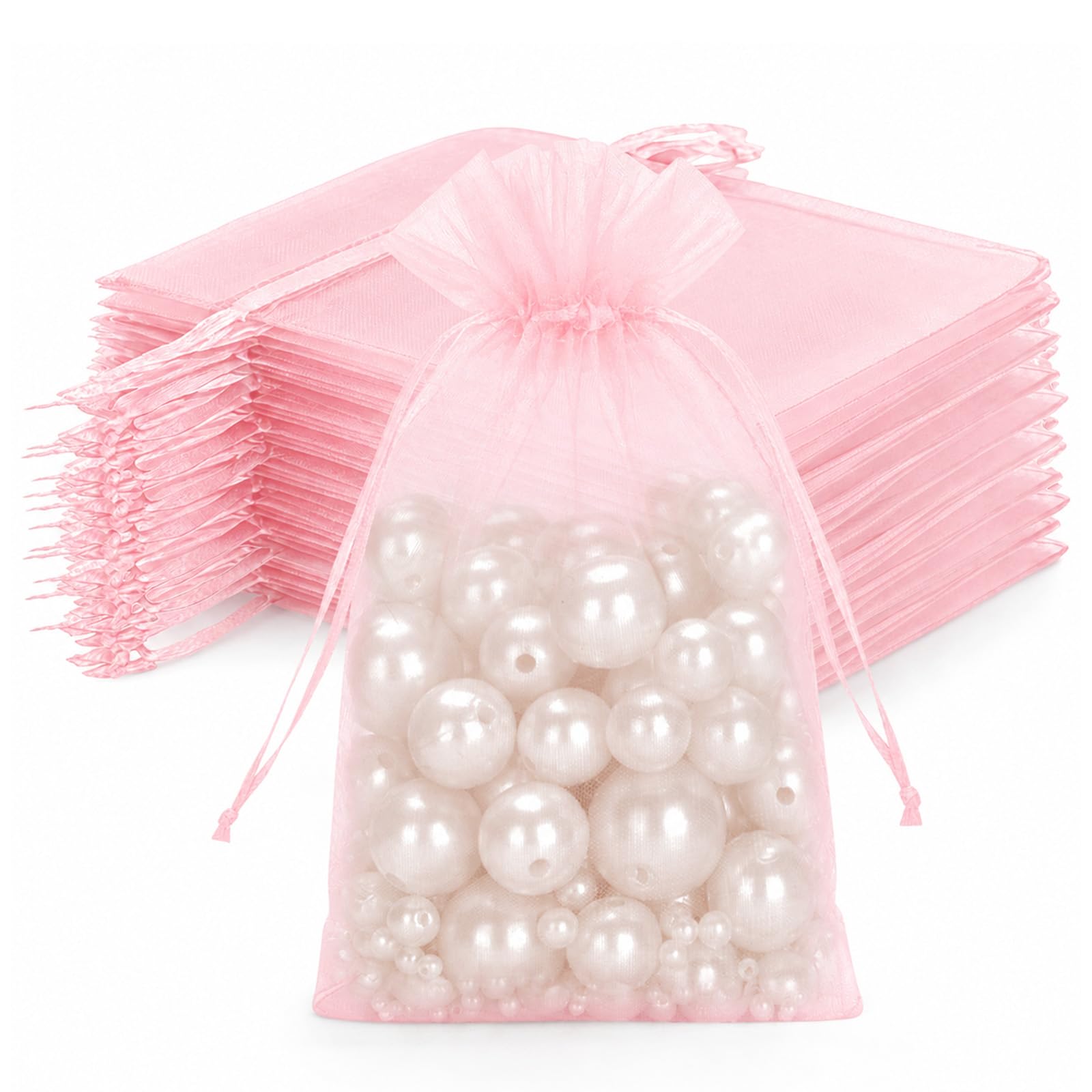 joycraft 50Pcs Blush Pink Organza Bags - 4x6 In Jewelry Drawstring Pouch with Mesh, Sheer Party Favor Pouch for Birthday, Baby Shower, Wedding, Graduation โ image 1
