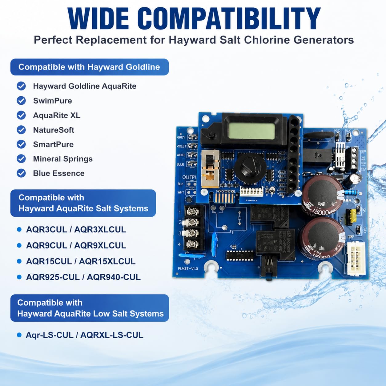Placa de circuito principal GLX-PCB-RITE y placa de visualización GLX-PCB-DSP de repuesto para generadores de cloro salino Hayward Goldline Aqua Rite, se adapta a células de sal T-Cell 3/5/9/15, placa