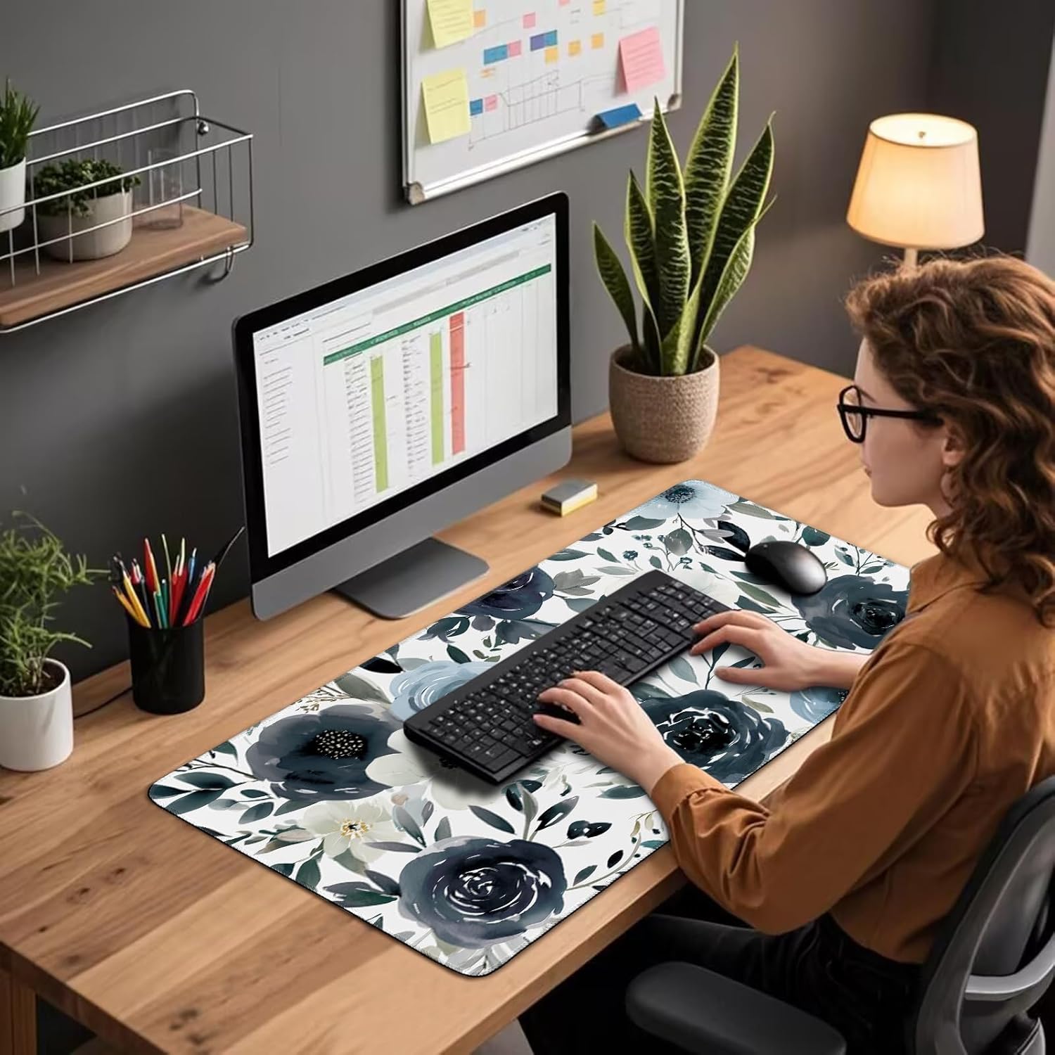 Large Gaming Mouse Pad 31.5x15.7 Inch, XXL Mousepad with Non-Slip Rubber Base & Stitched Edges, Extended Desk Mat for Computer/Laptop/Office/Home Navy Blue and White Watercolor Floral - Image 3