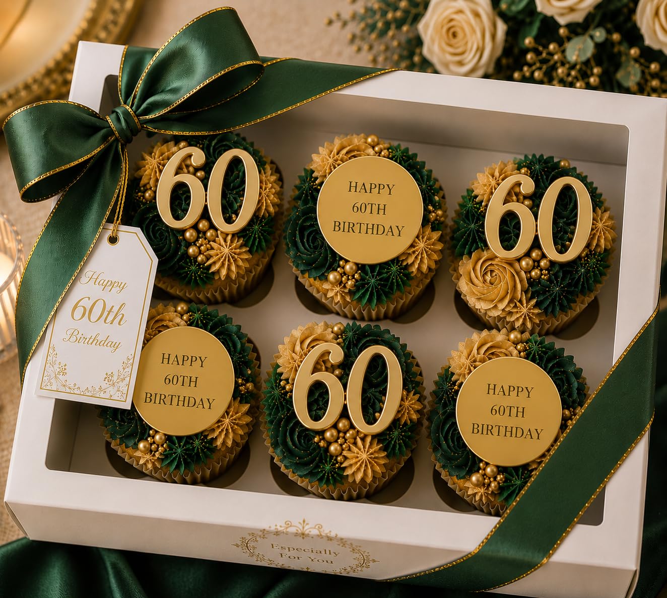 6 x 60th Birthday Cupcake Discs Charms, Age 60 Birthday Cupcake Toppers, Gold Acrylic Cake Disc Topper, Cake Gift Decorations.