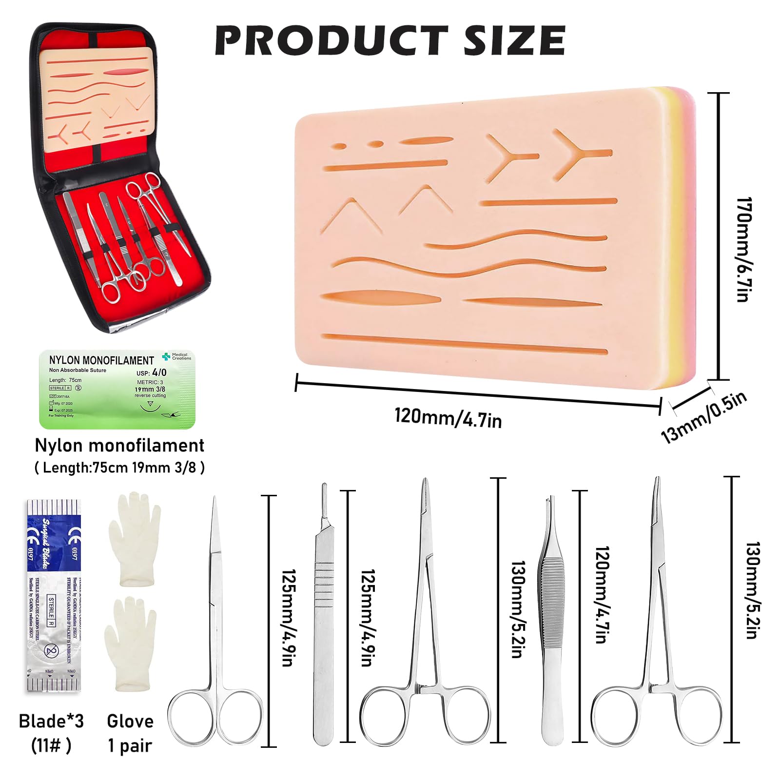 Vegena Almohadilla de práctica de sutura – Kit completo de práctica de sutura, piel de silicona de 3 capas con herramientas y funda de transporte, almohadilla de sutura de piel para entrenamiento y