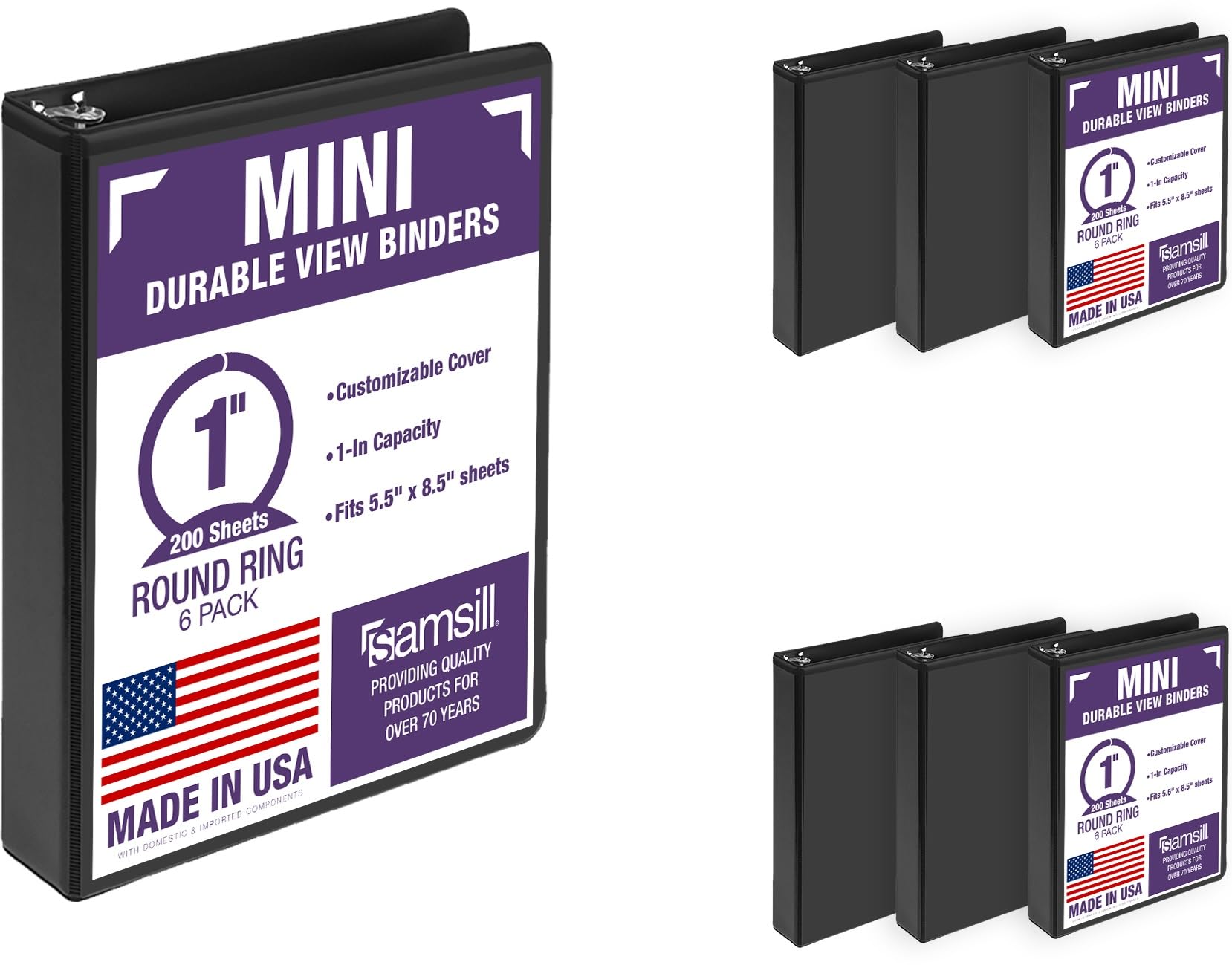 Samsill Lot de 6 mini classeurs à 3 anneaux de 2,5 cm, fabriqués aux États-Unis, 23,1 x 19,1 cm, couverture personnalisable antiadhésive, noir