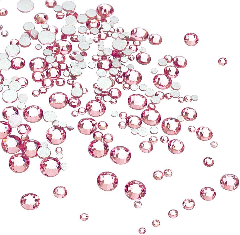 LolliBeads Resin Crystal Round Nail Art Mixed Flat Backs Acrylic Rhinestones Gems,Mix Size 1.5-5 mm, Color Light Pink (1200Pcs)