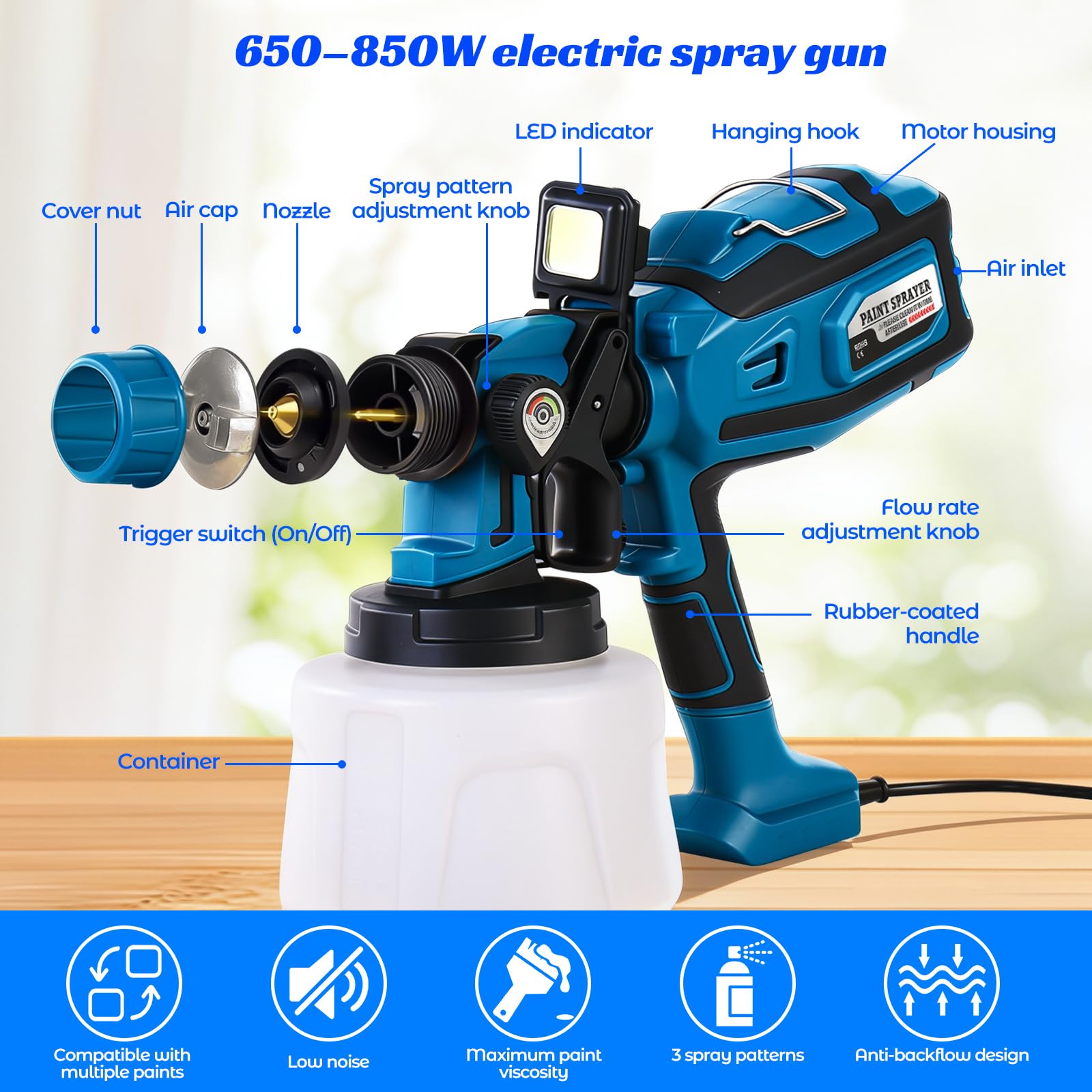 auvstar Pistola per Verniciare,1400ML HVLP Pistola a Spruzzo per Verniciare Elettrica con 3 Ugelli, 3 Modalità di Spruzzo e Flusso Regolabile,Ideale per Mobili, Recinzioni, Pareti