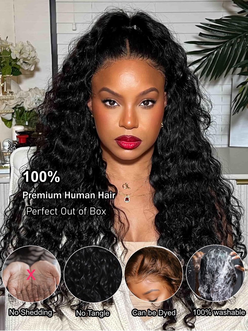 UNICE Bye Bye Slip Wig Black Water Wave 7x5 Lace Front Wigs Human Hair Flexible Mesh Cap with Secure Silicone Strips and Drawstring Bye Bye Knots Glueless Wet Wavy Wig Pre Plucked Pre Cut 22 inch
