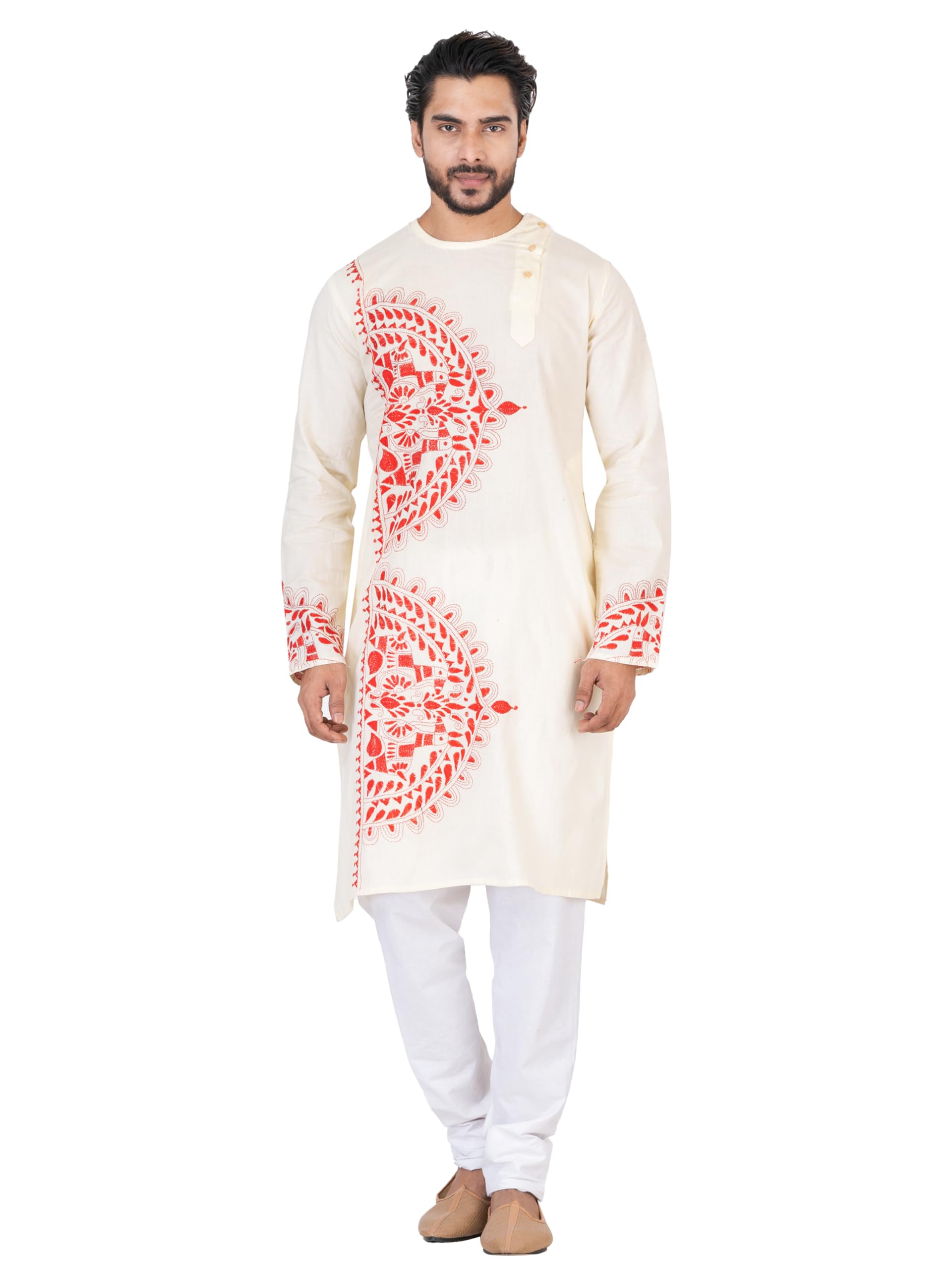 Men's Cotton Ethnic Kurta with Traditional Embroidery – Cream and Red Design-picture-35