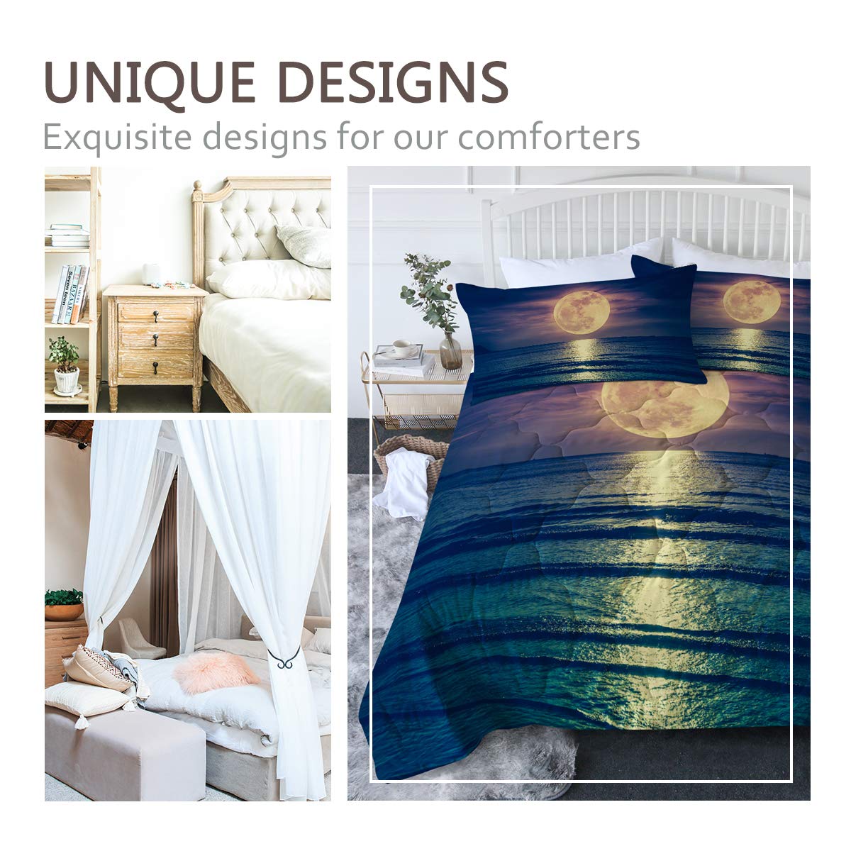 BlessLiving Moonlight King Comforter Set Sunset Ocean Moon Waves Sky Pattern Printed Bedding for All Seasons 3 Piece Nature Night Seascape Lightweight Reversible Duvet