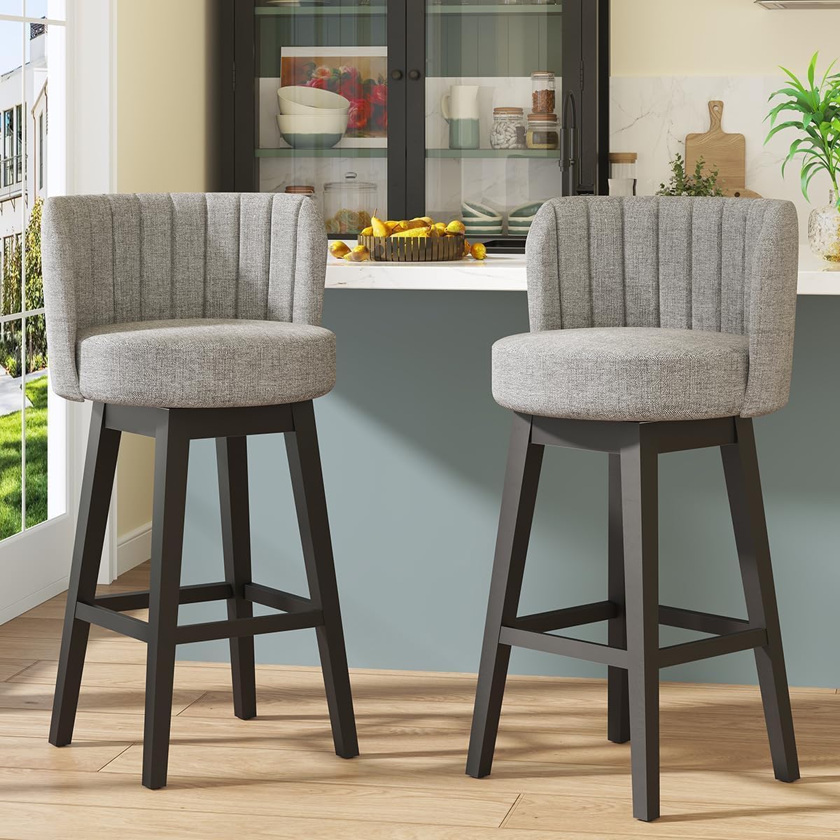 COCO DESIGN Swivel Bar Stools Set of 2, 26" Seat Height Mid Century Modern Bastools with Linen Upholstered Seat, Counter Height Chairs with Back & Solid Wood Legs for Bar Kitchen Island, Grey