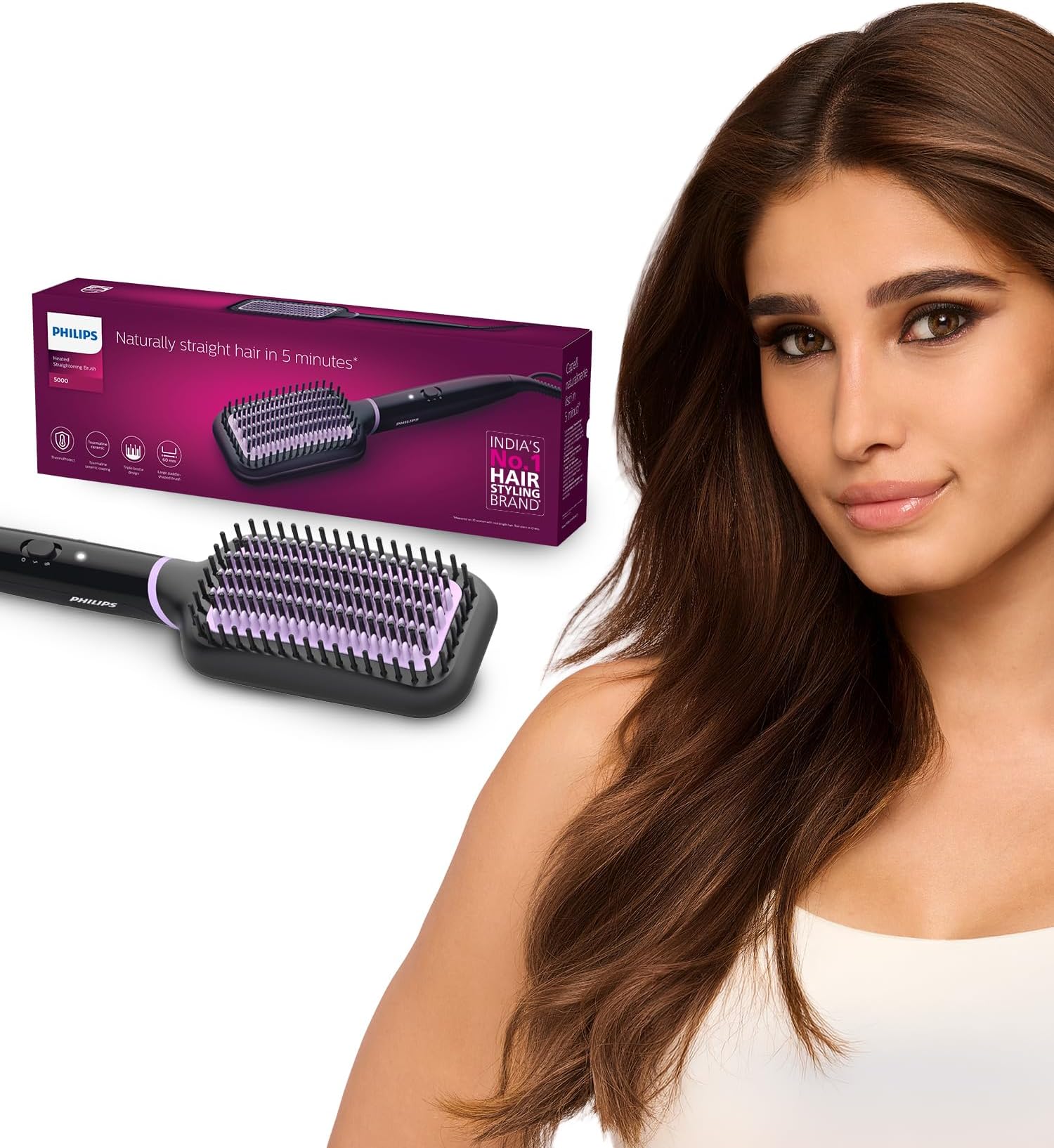 Philips India's No.1 Hair Styling Brand -Hair Straightener Brush, Naturally Straight in 5 Mins,5X Less Frizz,SilkProtect Keratin Tech,Triple Bristle Fast 50s Heatup,Scalp Protect,For Indian Hair,BHH880