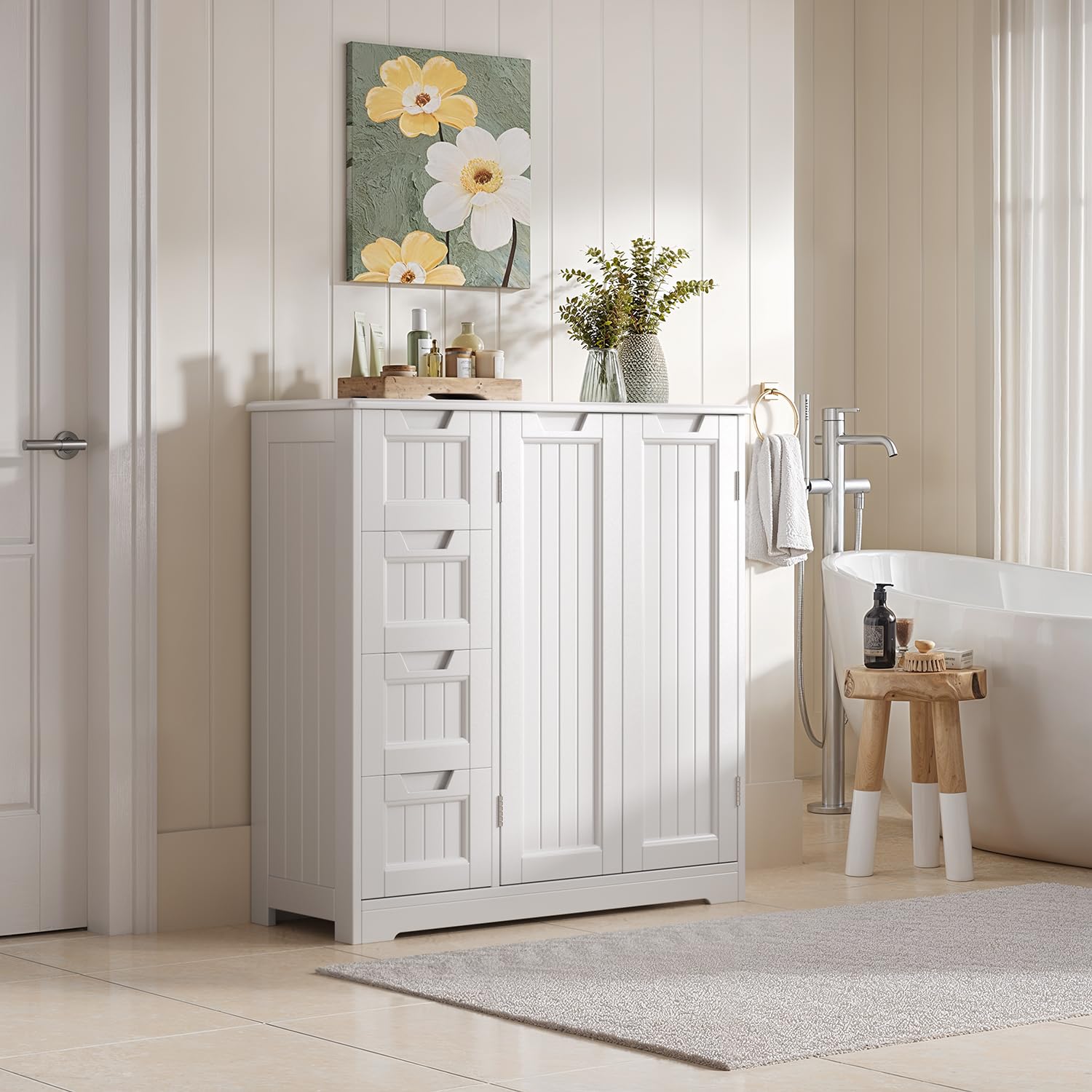 Xbro Meuble Salle de Bain Armoire de Baño, avec 4 Tiroirs et 2 Portes,Meuble pour Salle de Bain Salon Cuisine,avec Étagère Réglable,81 x 30 x 83 cm,Blanc
