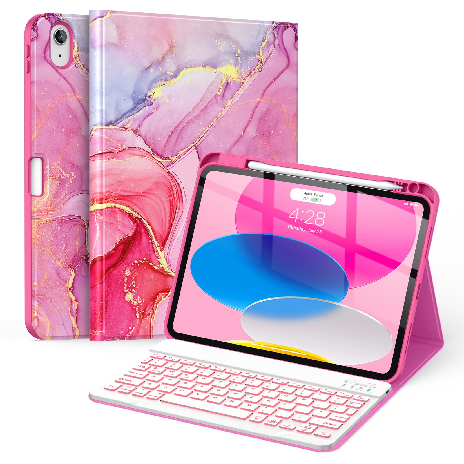 Soke for iPad (A16) 11th/10th Generation Case with Keyboard(2025/2022)-7 Color Backlight Wireless Detachable Folio Keyboard Cover with Built-in Pencil Holder for iPad 11/10.9 inch, HotPink Marble