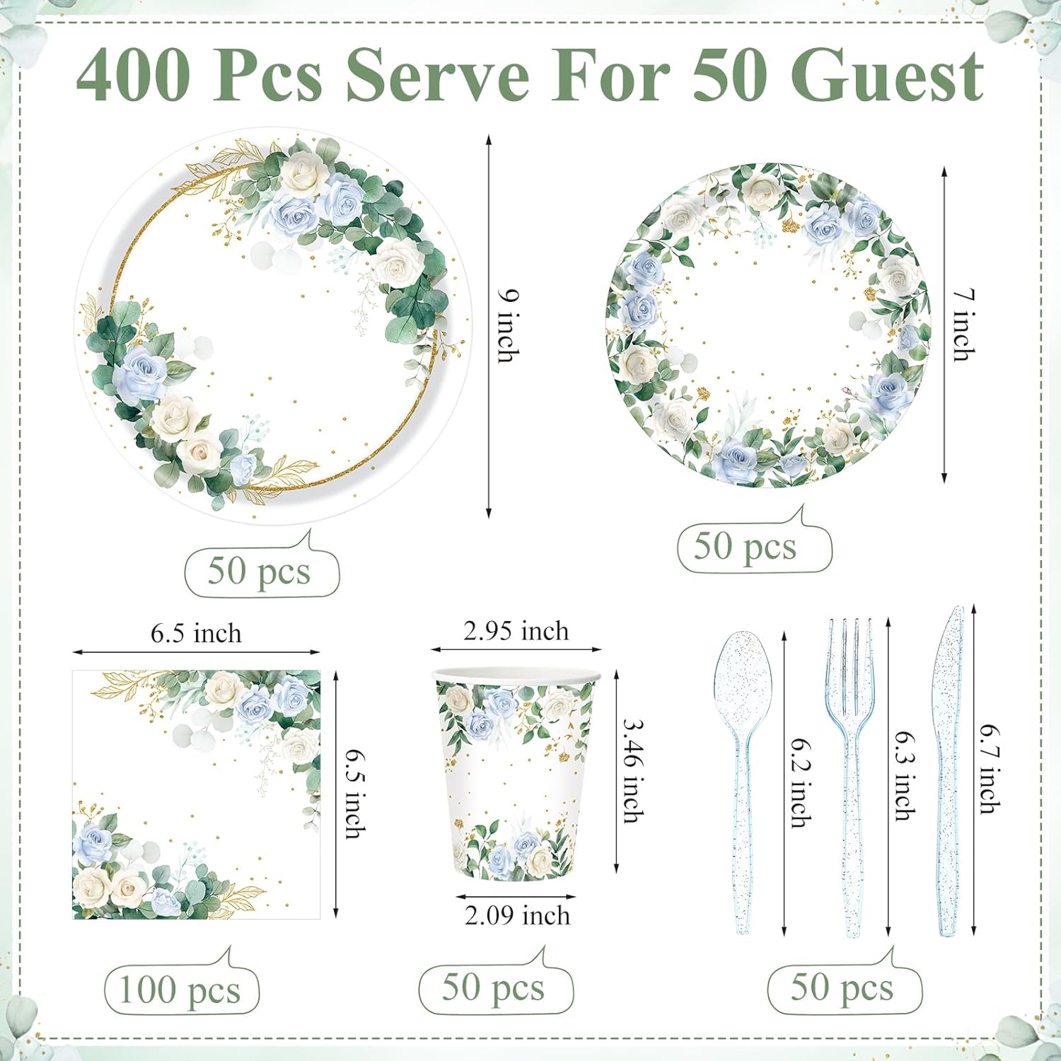 400 Pcs Sage Green Color Party Supplies Serve 50 Guests Eucalyptus Flowers Disposable Paper Plates Napkins and Cups for Bridal Baby Shower Birthday Wedding Party Decorations(Green,Chic)