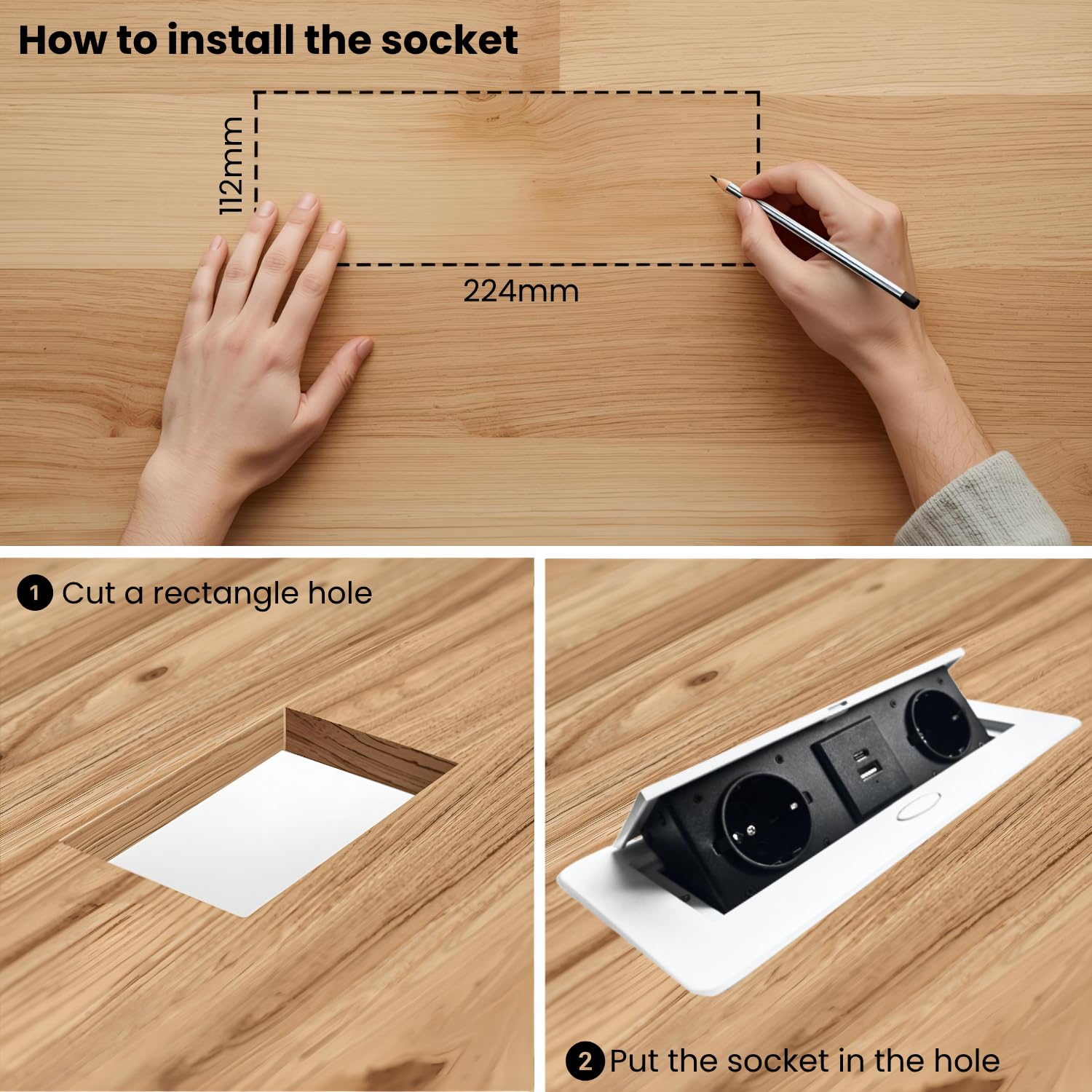 EVOTRADE Multiprise encastrée avec 2 prises SCHUKO + 2 prises USB (A+C), câble de 1,5 m - Pour bureau, salle de réunion, plan de travail - Couleur blanche
