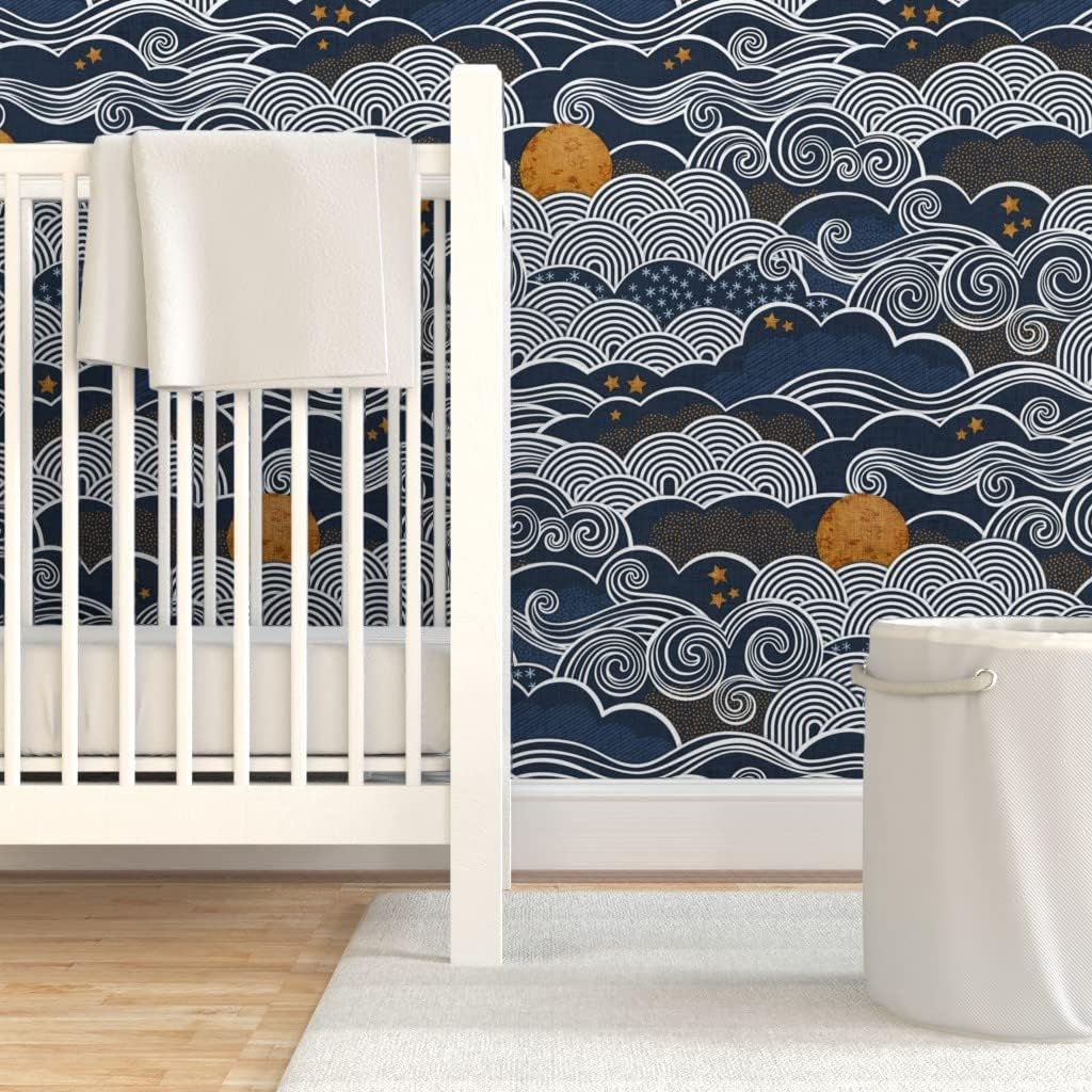 Spoonflower Peel & Stick Wallpaper 9ft x 2ft - Night Sky Moon Stars Clouds Blue Indigo Mustard Custom Removable Wallpaper