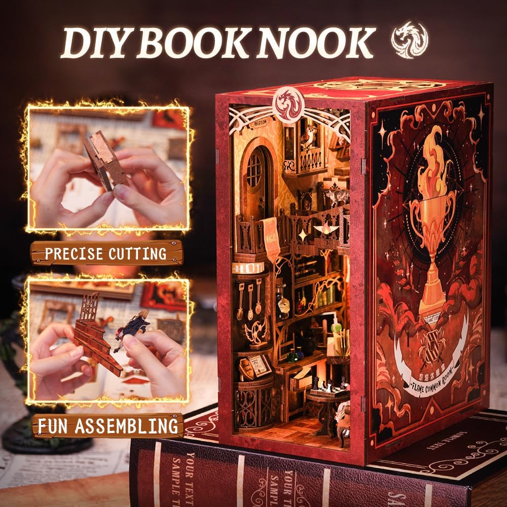 CUTEBEE DIY Book Nook Kit casa delle bambole con copertura antipolvere miniatura diorama booknook kit con luce LED,3D kit di modellazione in legno,da costruire(Flame Common Room)