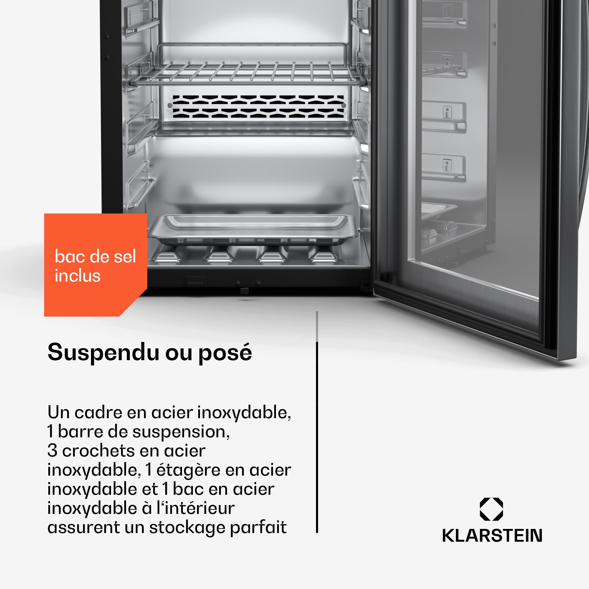 KLARSTEIN Cave de Maturation de Viande, 88L Frigo Vieillissement Viande avec Contrôle Température & Humidité, Éclairage UVC Antibactérien, Panneau Tactile, Porte Double Vitrage, Acier Inoxydable