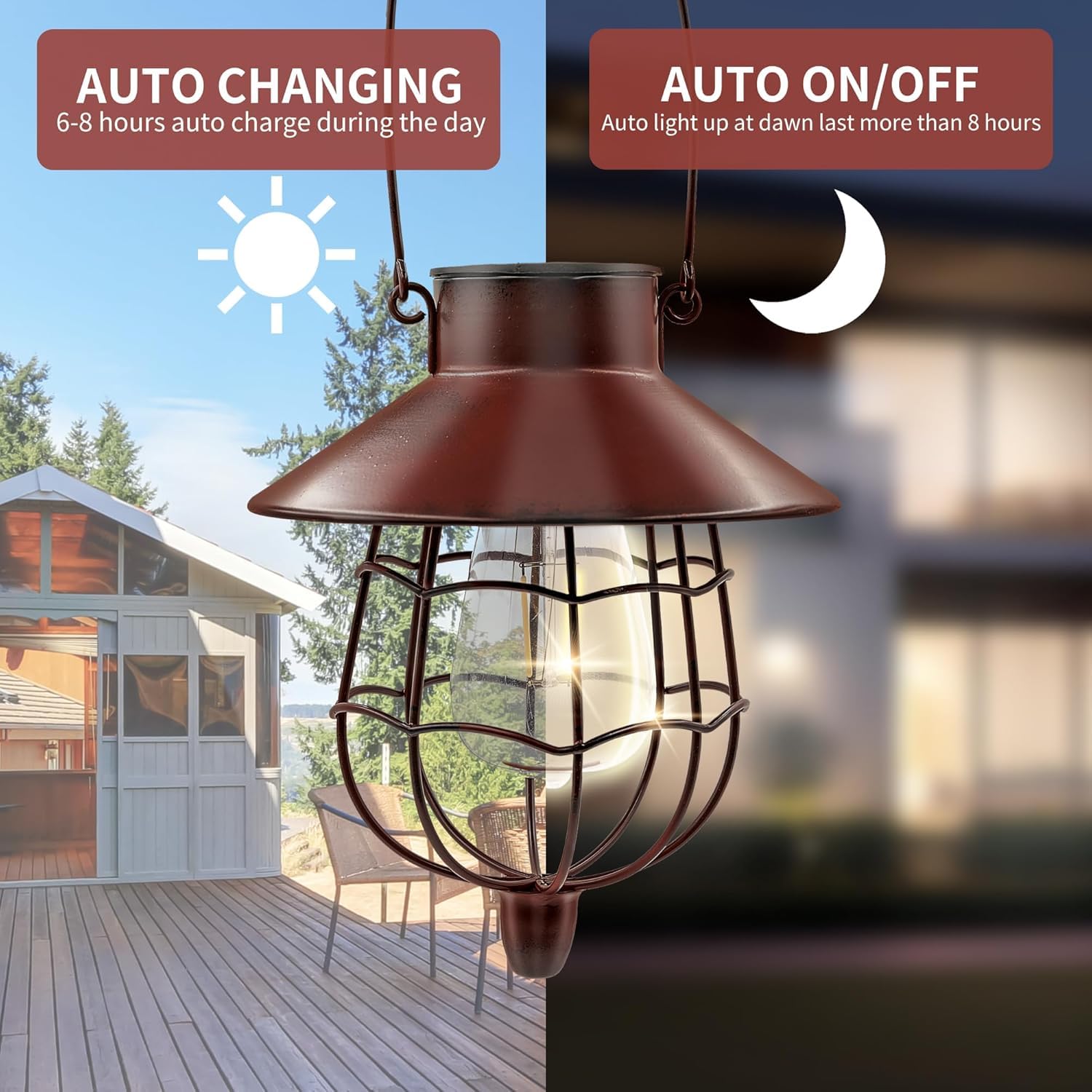 Paquete de 4 faroles solares impermeables para exteriores, lámpara colgante solar de metal con bombilla blanca cálida, diseño para decoración de jardín, patio, patio