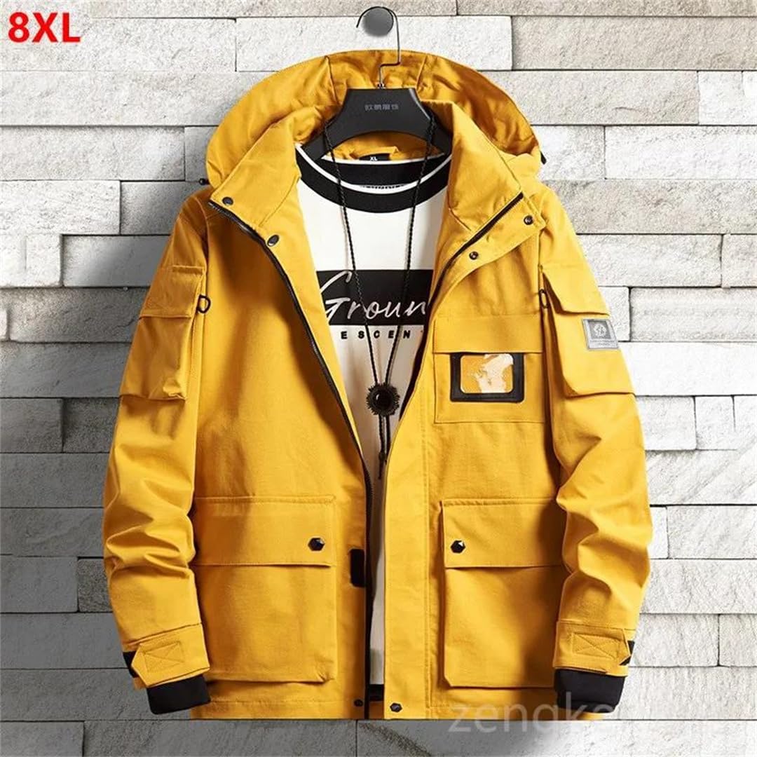 Herren-Frühlingsjacke für lockere, wasserdichte Reißverschluss, mehrere Taschen, Outdoor-Kleidung, Jugend-Windbreaker, gelb, 7XL