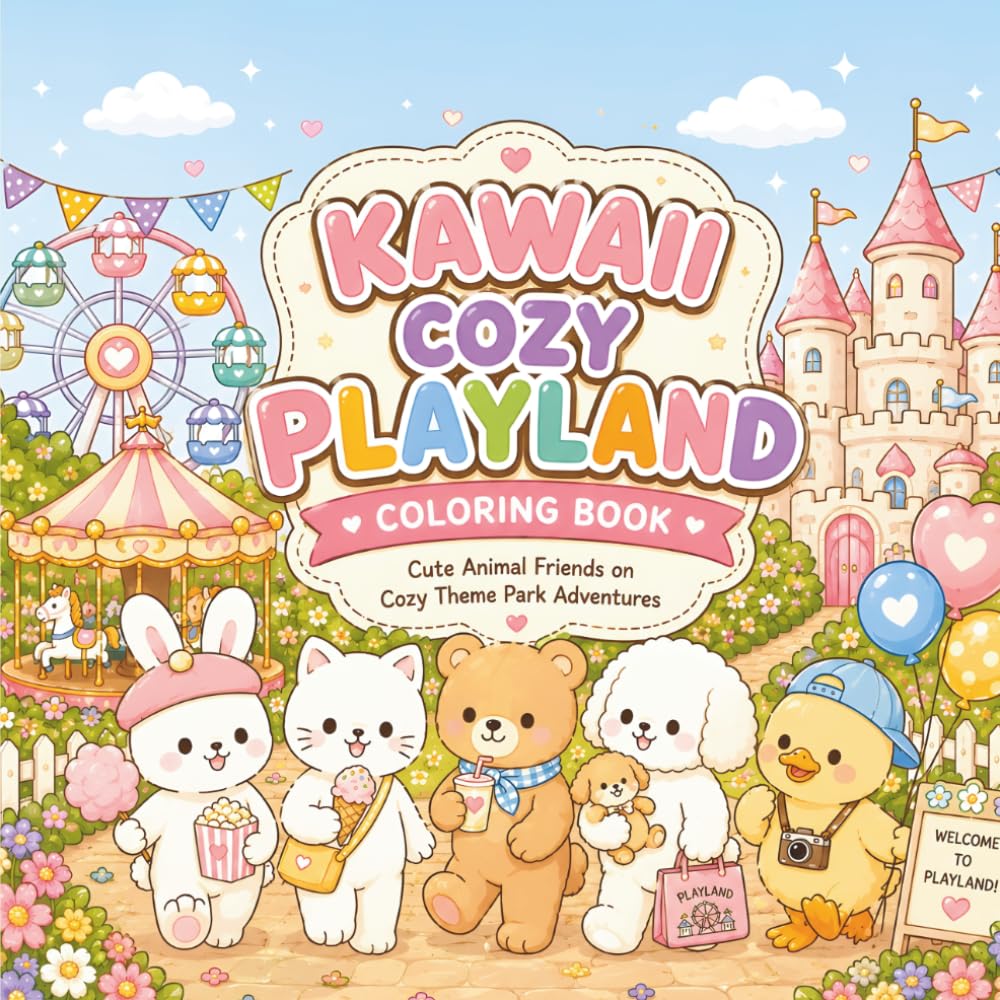 Kawaii Cozy Playland Coloring Book - Cute Animal Friends on Cozy Theme Park Adventures: 40 Whimsical Kawaii Coloring Pages Filled with Friendship and Fun
