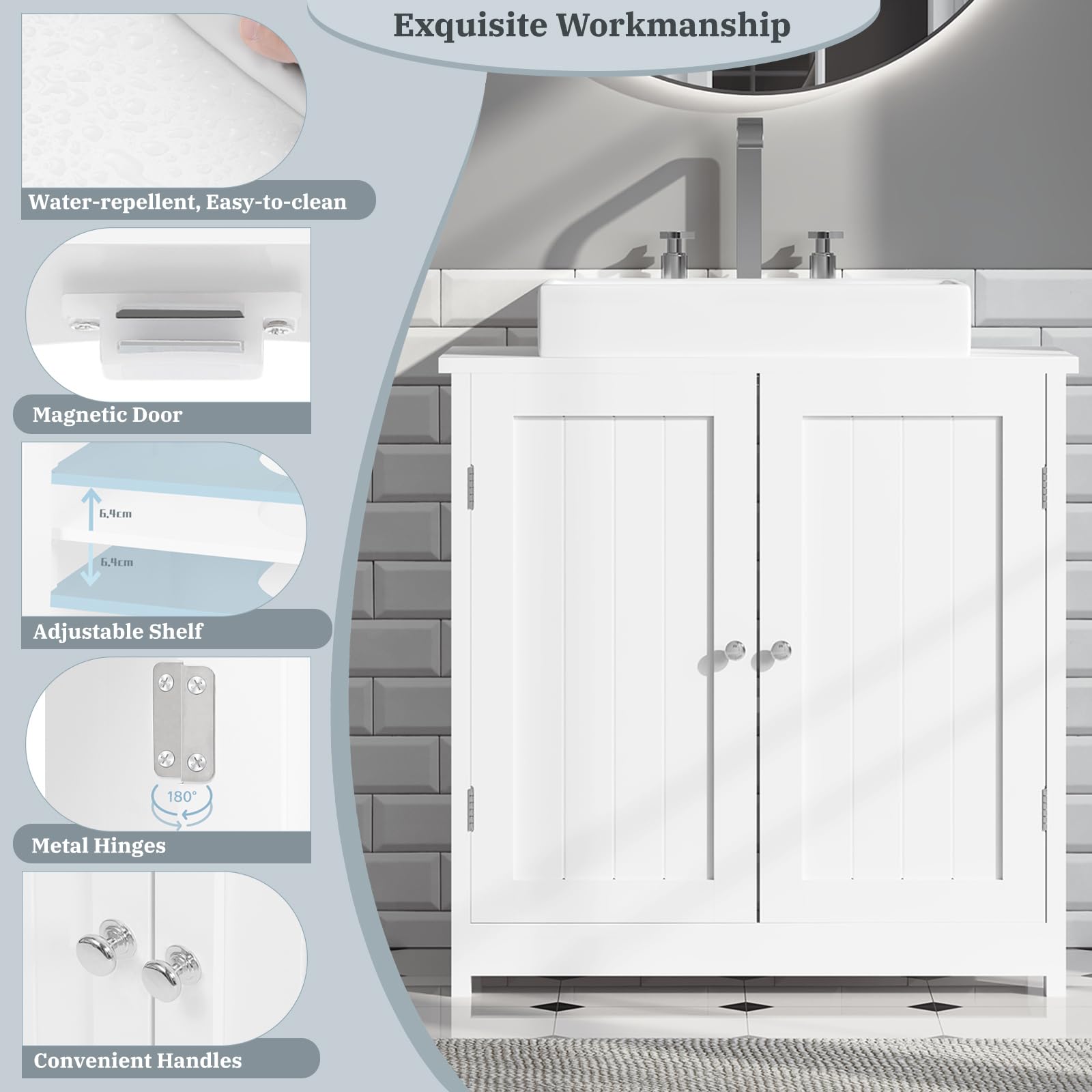 eSituro Armadietto Sottolavabo da Bagno Mobile a Terra con 2 Ante in Legno Bianco Mobiletto sotto Il Lavello