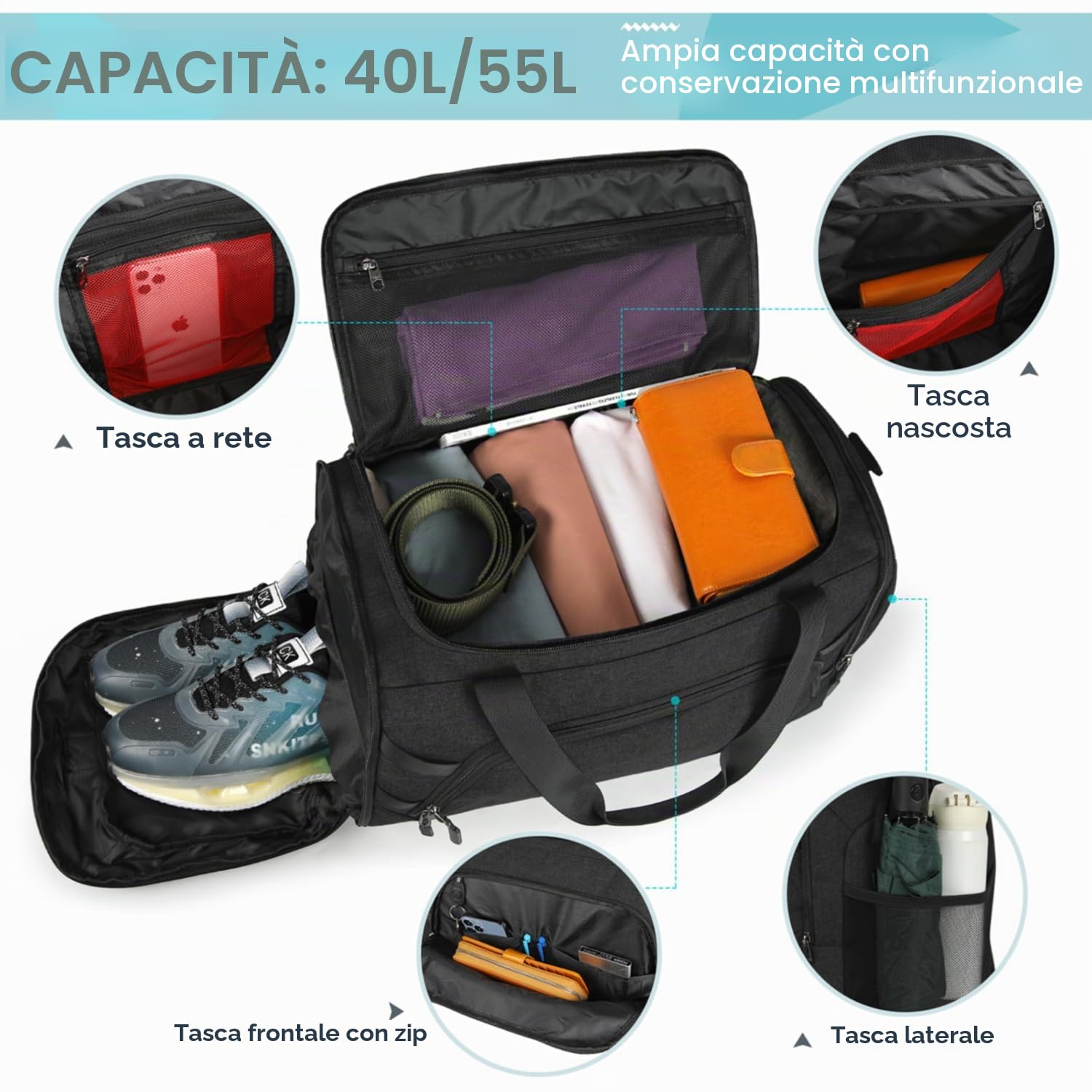 RAINSMORE Borsone Palestra Uomo Borsone da Viaggio Grande Borsa Palestra Donna con Scomparto Scarpe e Tasca bagnata Duffel Bag Gym Bag 55L Nero