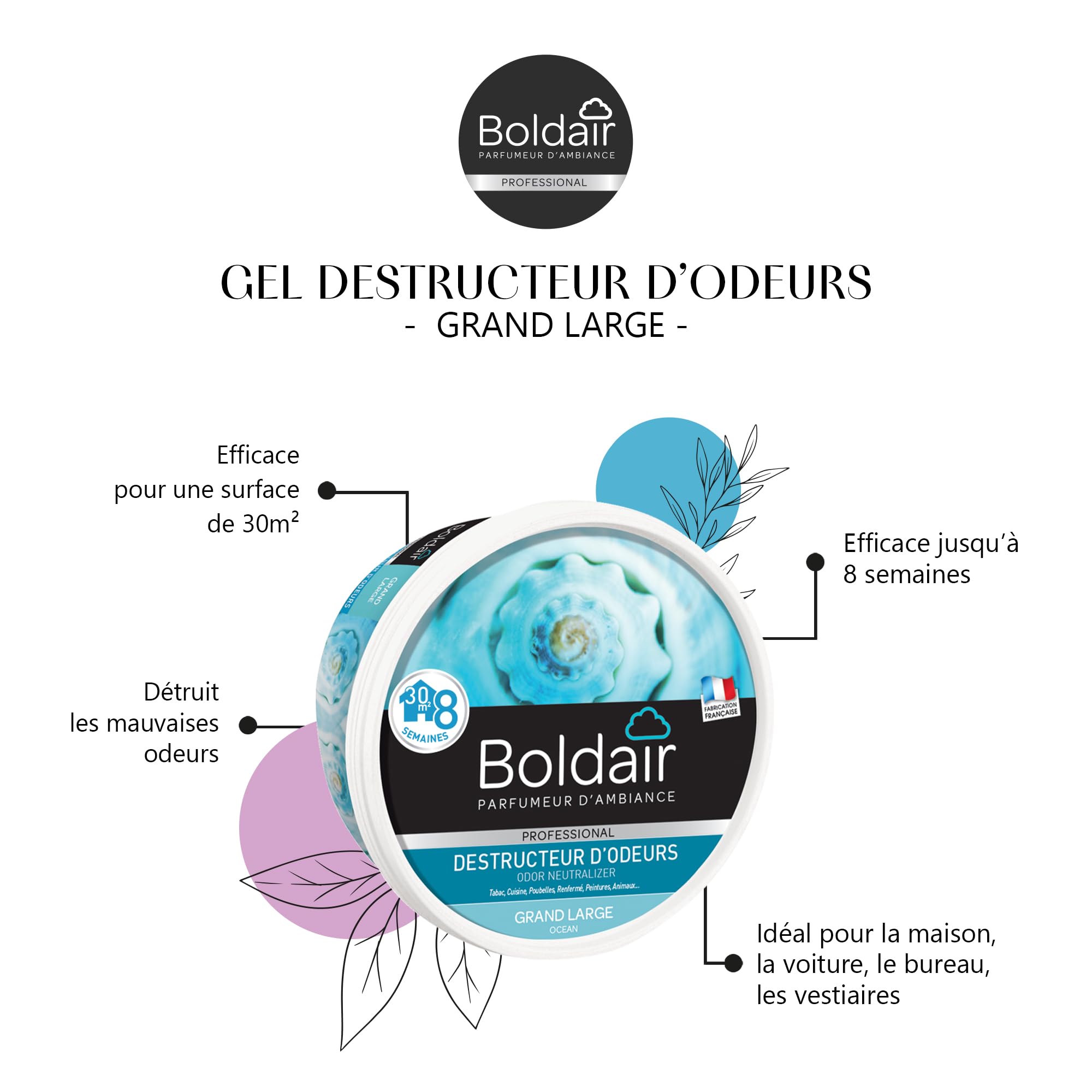 BOLDAIR - Gel eliminador de olores Marino - Neutraliza los olores - perfuma - Producto en gel sólido - Múltiples aplicaciones - 8 semanas de duración - 300 g - Fabricado en Francia