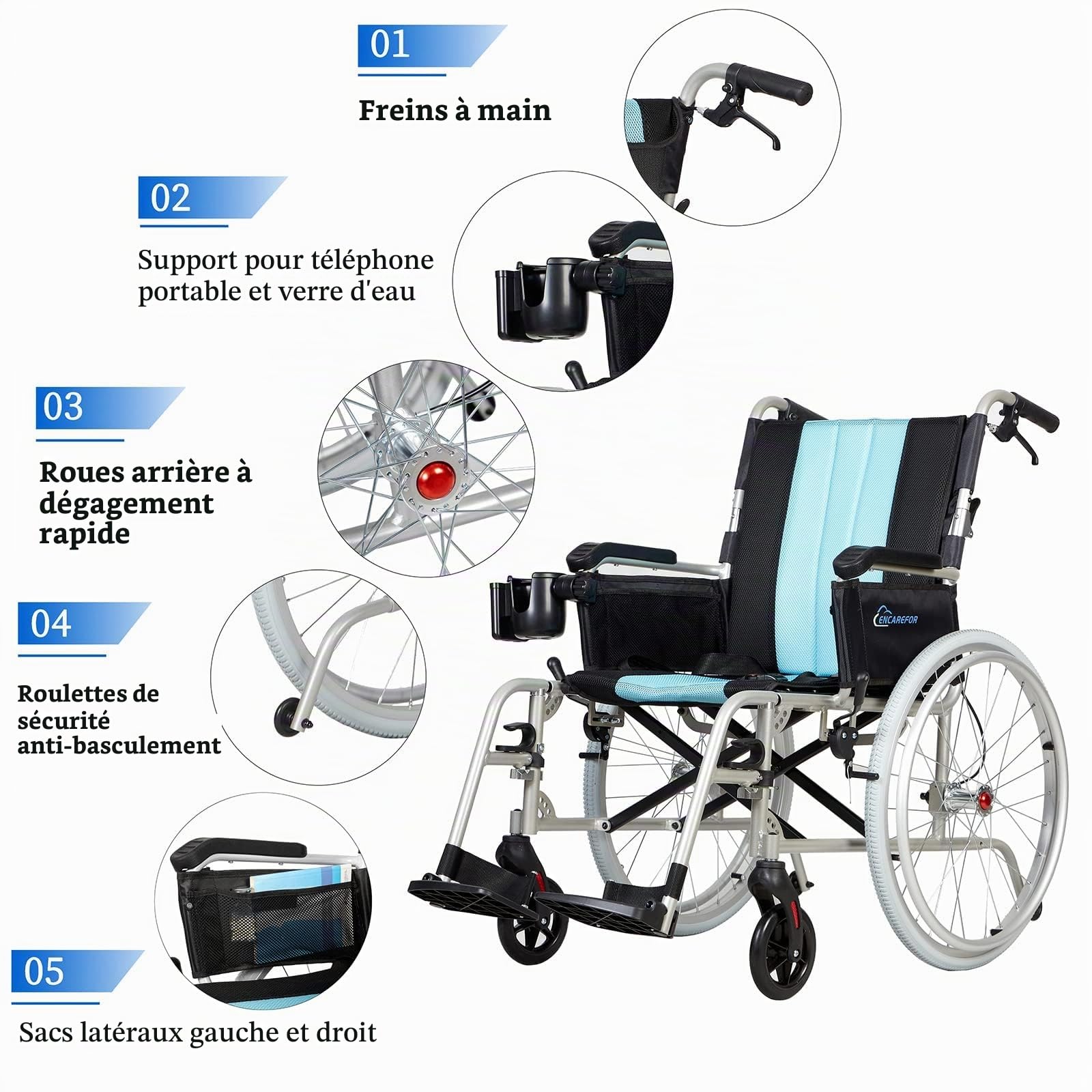 5,8kg Fauteuil Roulant léger, Assise 50cm, Automoteur en Magnésium Argent