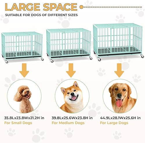 Miniatura 15 de Jaula de acero resistente de 48 pulgadas para perros, a prueba de escape, puertas dobles para interiores y ruedas con cerradura, bandeja extraíble