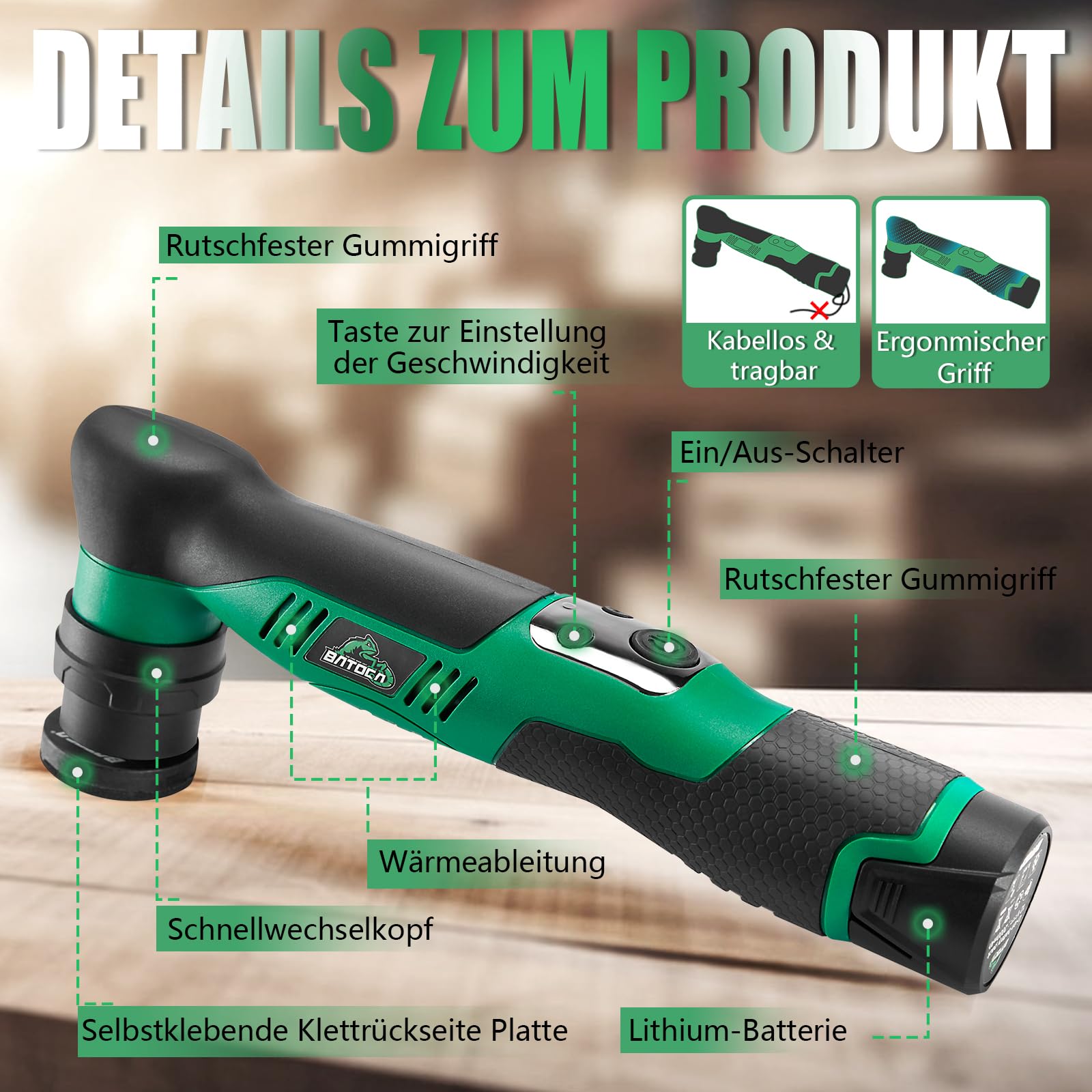 BATOCA S5 Mini Akku Poliermaschine, Rotations und Exzenter Poliermaschine, Auto Polierer Set mit 2 12V 2.0Ah Batterie, 25mm/50mm/75mm Polierteller, für die Autodetailing, Scheinwerfer Aufbereitung Set