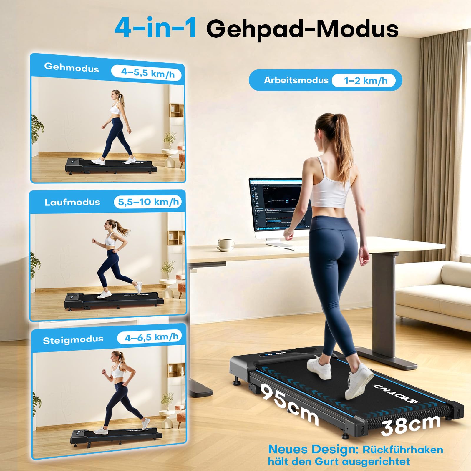 CHAOKE Tapis Roulant sous Bureau Haute Performance – Inclinaison 9%, 150 kg de capacité, 12 HIIT, télécommande