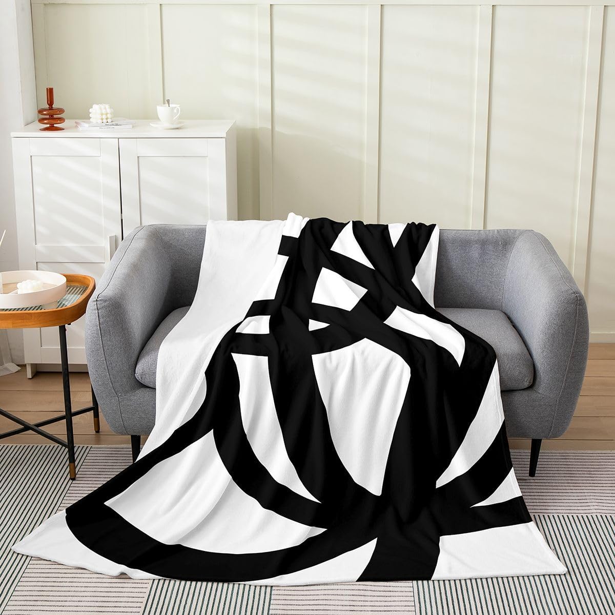Stripe Line Flannel Fleece Throw Blanket Throw 50"x60" Kids Geometric All Season Bed Blanket for Sofa Couch Black and White Soft Abstract Room Decor Modern Art