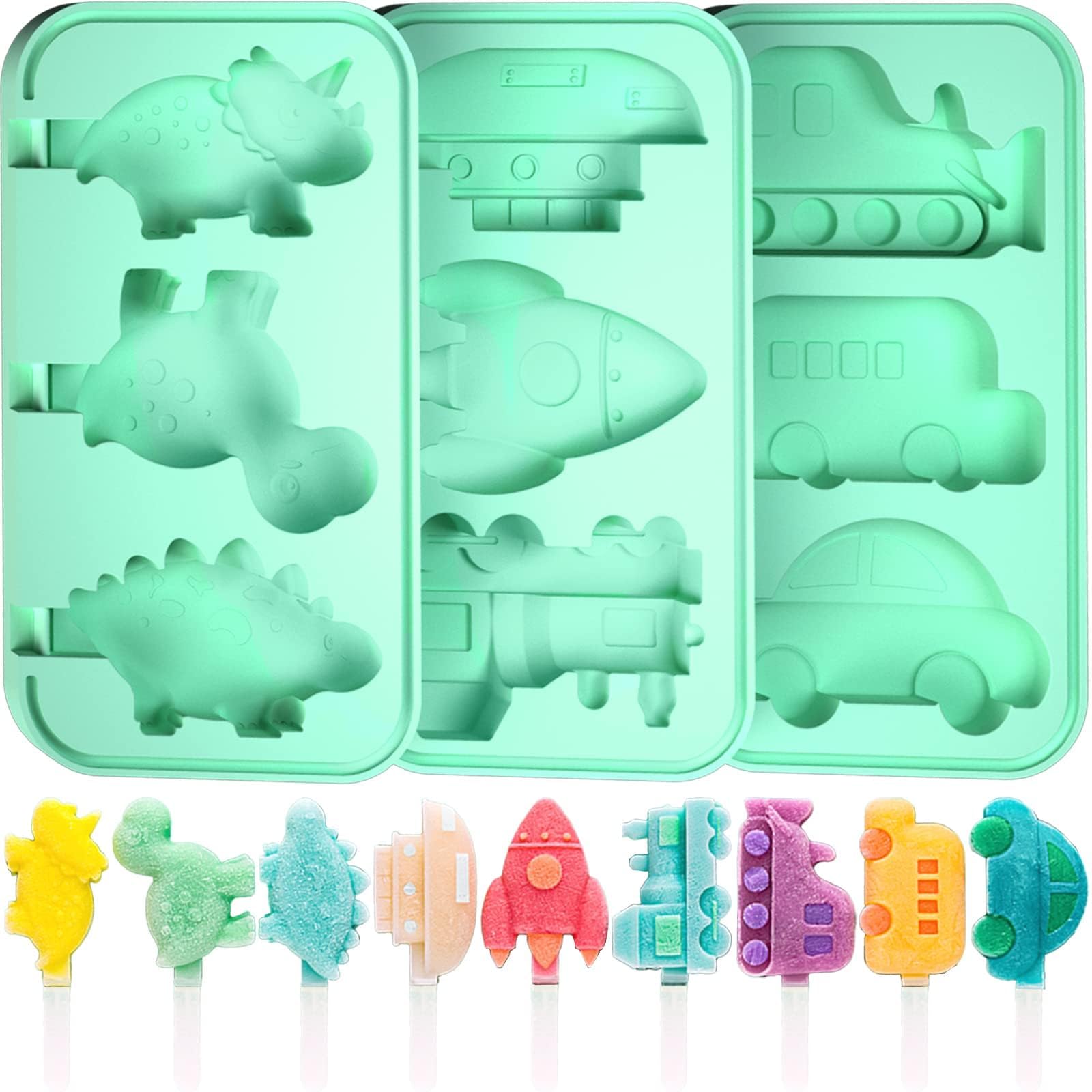Bolivia's Ice Pop Molds, 3 Pcs Silicone Popsicles Molds, Reusable Popsicle Molds, Homemade Ice Pop Molds Maker, Dinosaur Rocket Car Shape Popsicle Maker