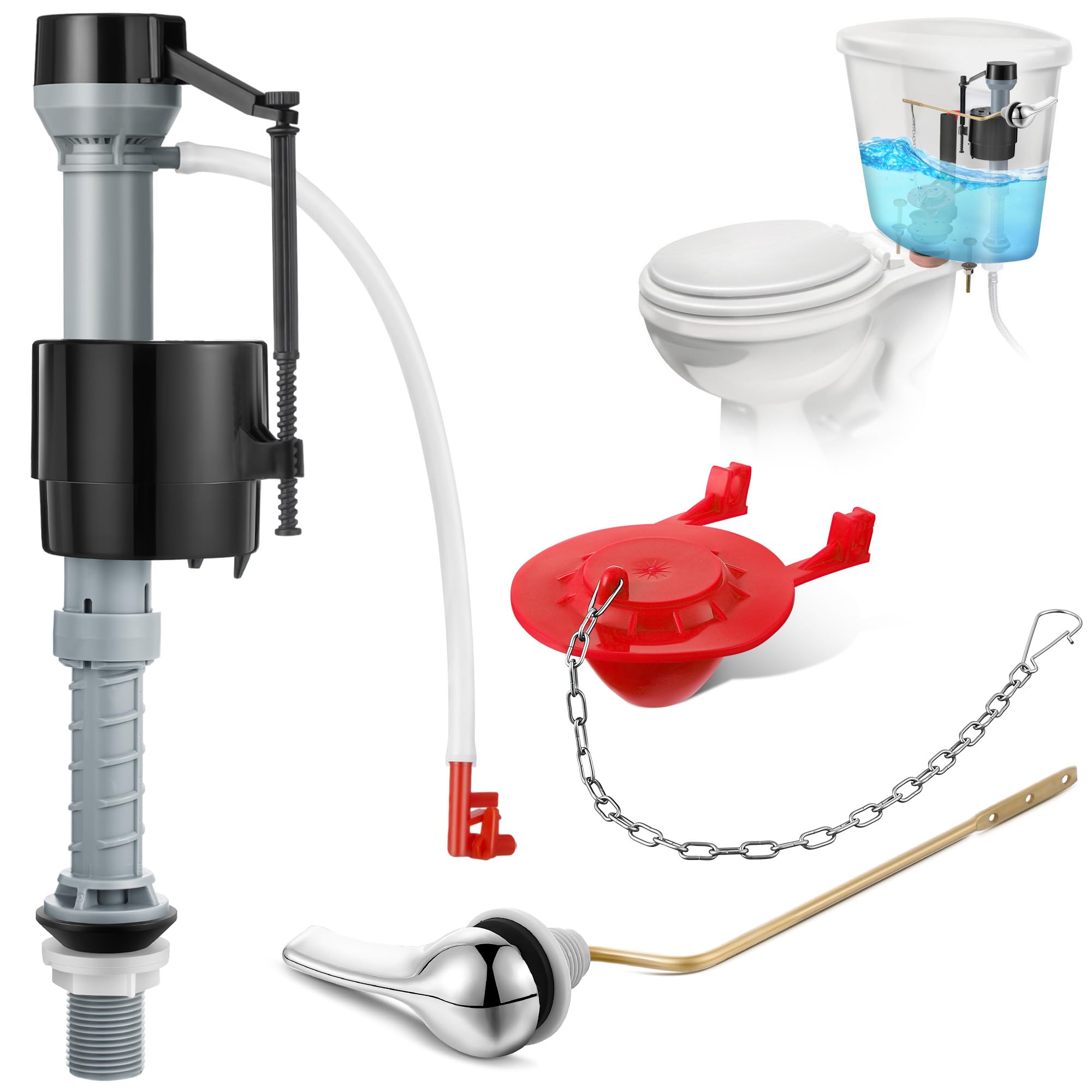 Saillong Universal Toilet Flusher Replacement Kit, Fill Valve, 2-Inch Flapper, Side Mount Handle Lever, Water-Saving, Adjustable Toilet Repair Kit Inside Tank, Easy to Install(1 Set,Black, Red)
