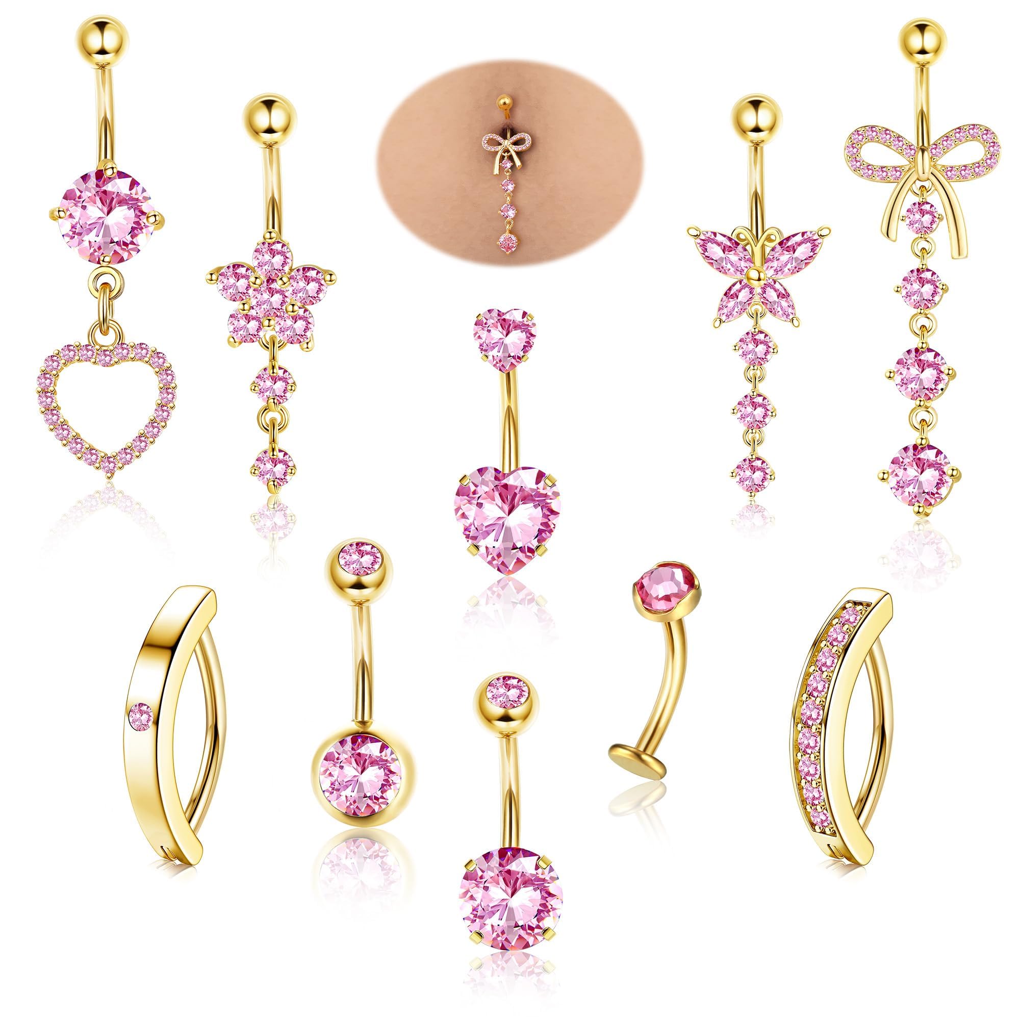 Diamday 10pcs Piercing Ombligo Acero Quirúrgico Piercing Ombligo Aro 14G Corazón Mariposa Flor Dangle Vientre Anillos para Mujeres Vientre Barras Barbell Ombligos Piercings Joyería