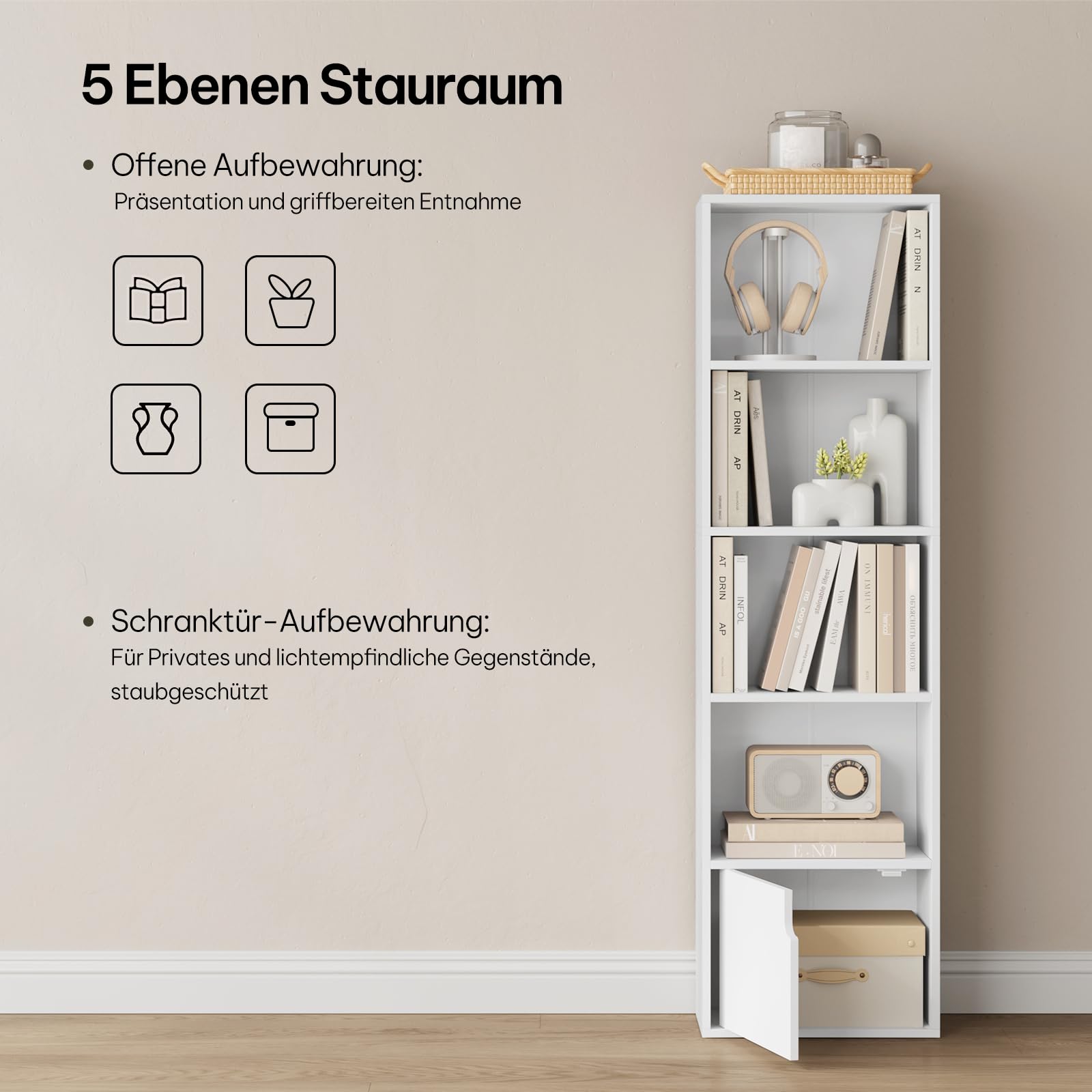 eSituro Bücherregal weiß, schmales Regal mit Tür, 5 Fächern