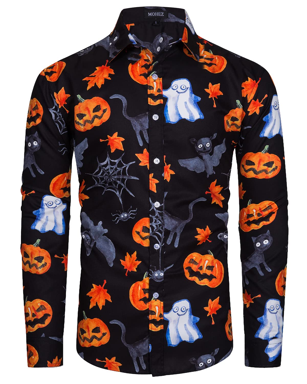 MOHEZ Mens Halloween Shirt Ugly Pumpkin Casual Long Sleeve Funny Button Down Shirts Alphabet Print Adult Costume Black Small