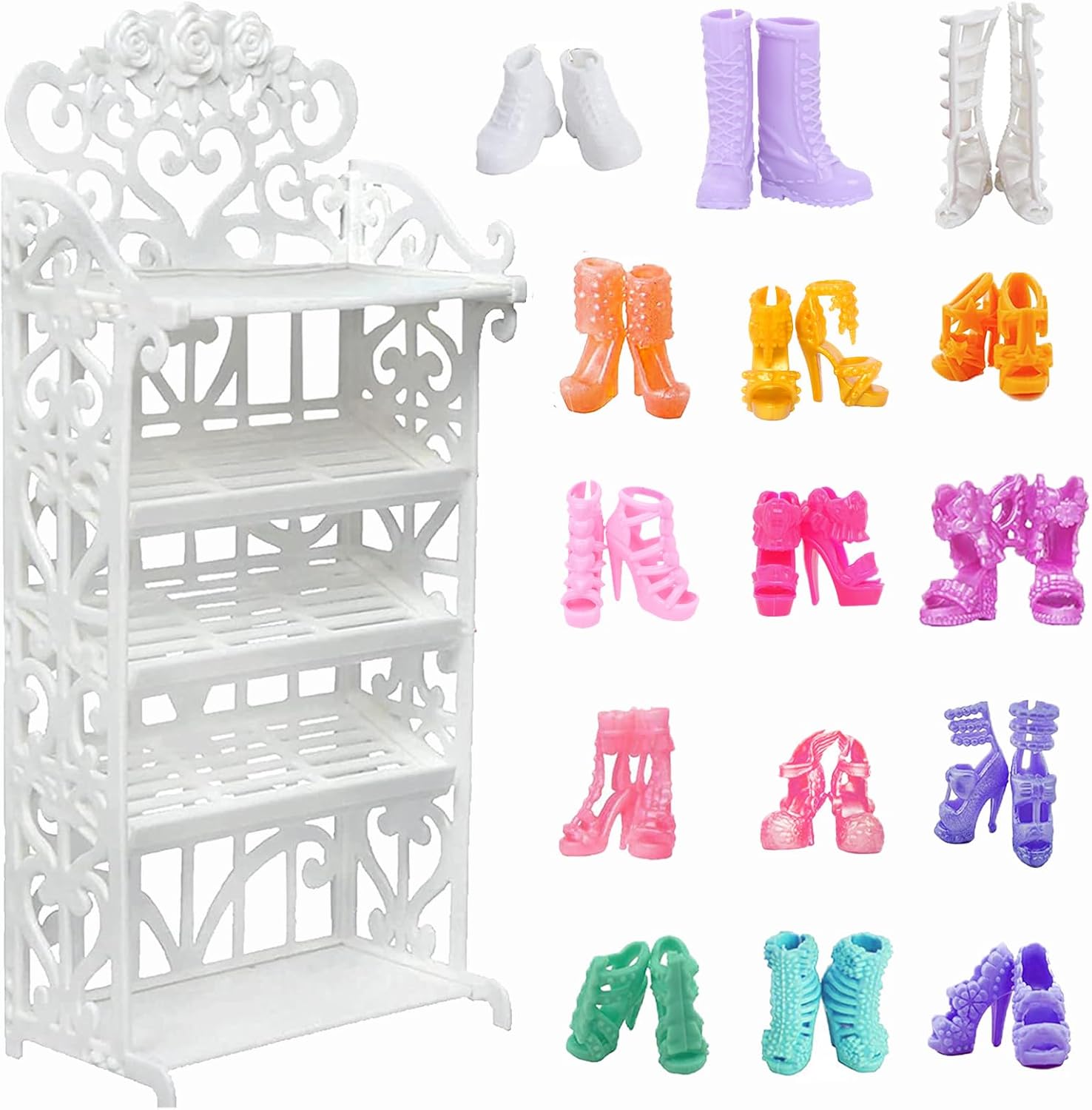 BJDBUS 1 Doll Shoes Rack Shelf + 20 Pairs Shoes Set Accessories High Heel Boots Sandals Assorted Furniture for 11.5 Inch Girl Doll