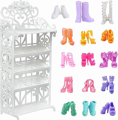 BJDBUS 1 estante para zapatos de muñeca + 20 pares de zapatos, accesorios, botas de tacón alto, sandalias, muebles surtidos para muñecas de 11.5